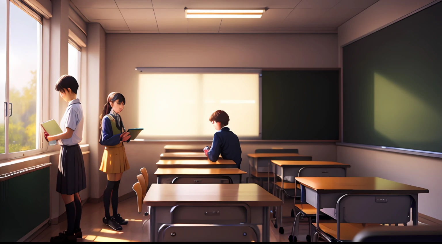 （digital paintting），（最佳质量），‎Classroom，schoolboy，pupils，examination，Study seriously，8K hyper-realism，Pastel color scheme，gentle illumination, Hora de Ouro, Peaceful atmosphere, Transverse