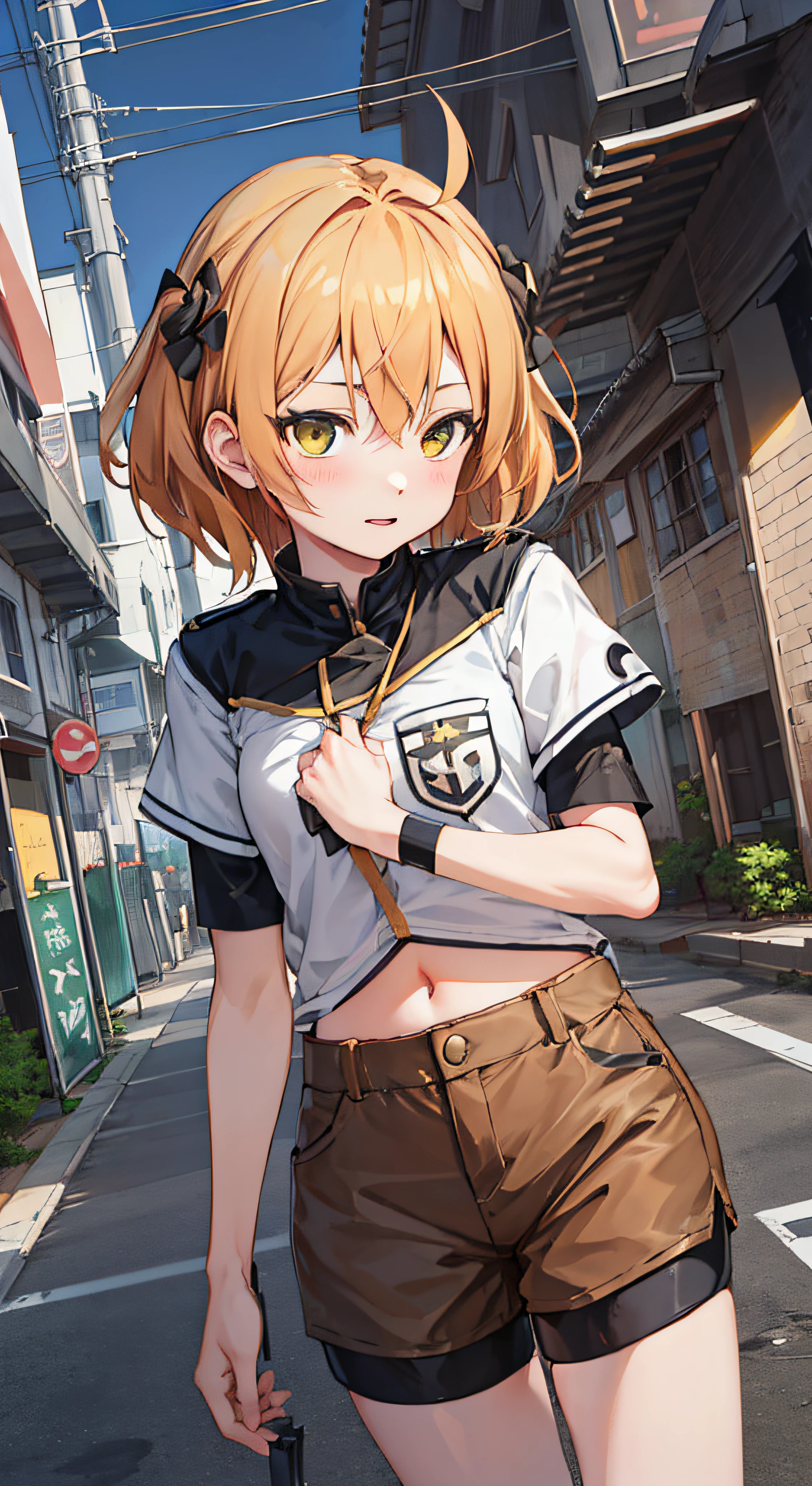 anime girl in short shorts and a white shirt walking down a street, Kantai Collection Style, official artwork, high detailed official artwork, makoto shinka, Anime visuals of cute girls, Makoto, anime visual of a young woman, Fine details. girls' frontline, Rin, Female protagonist 👀 :8, rei hiroe, hana yata