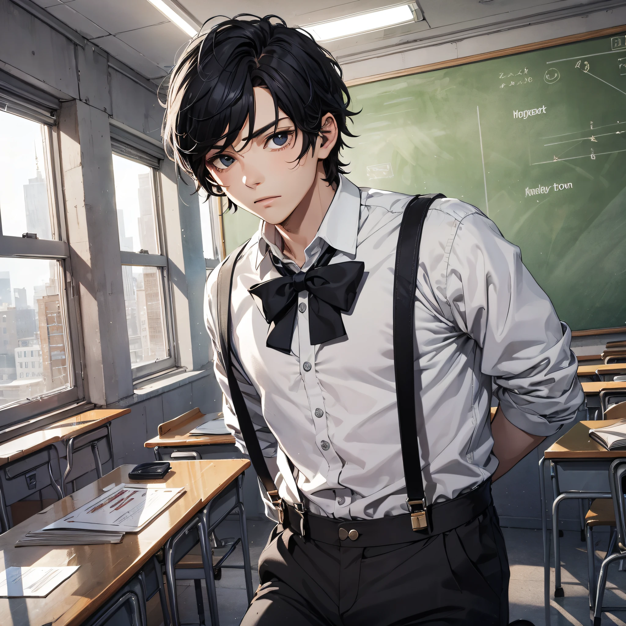 Ridiculous resolution，high resolucion，（nmasterpiece：1.4），ultra detaile，Inside the classroom，The young man had messy black hair，White suspenders，A helpless expression