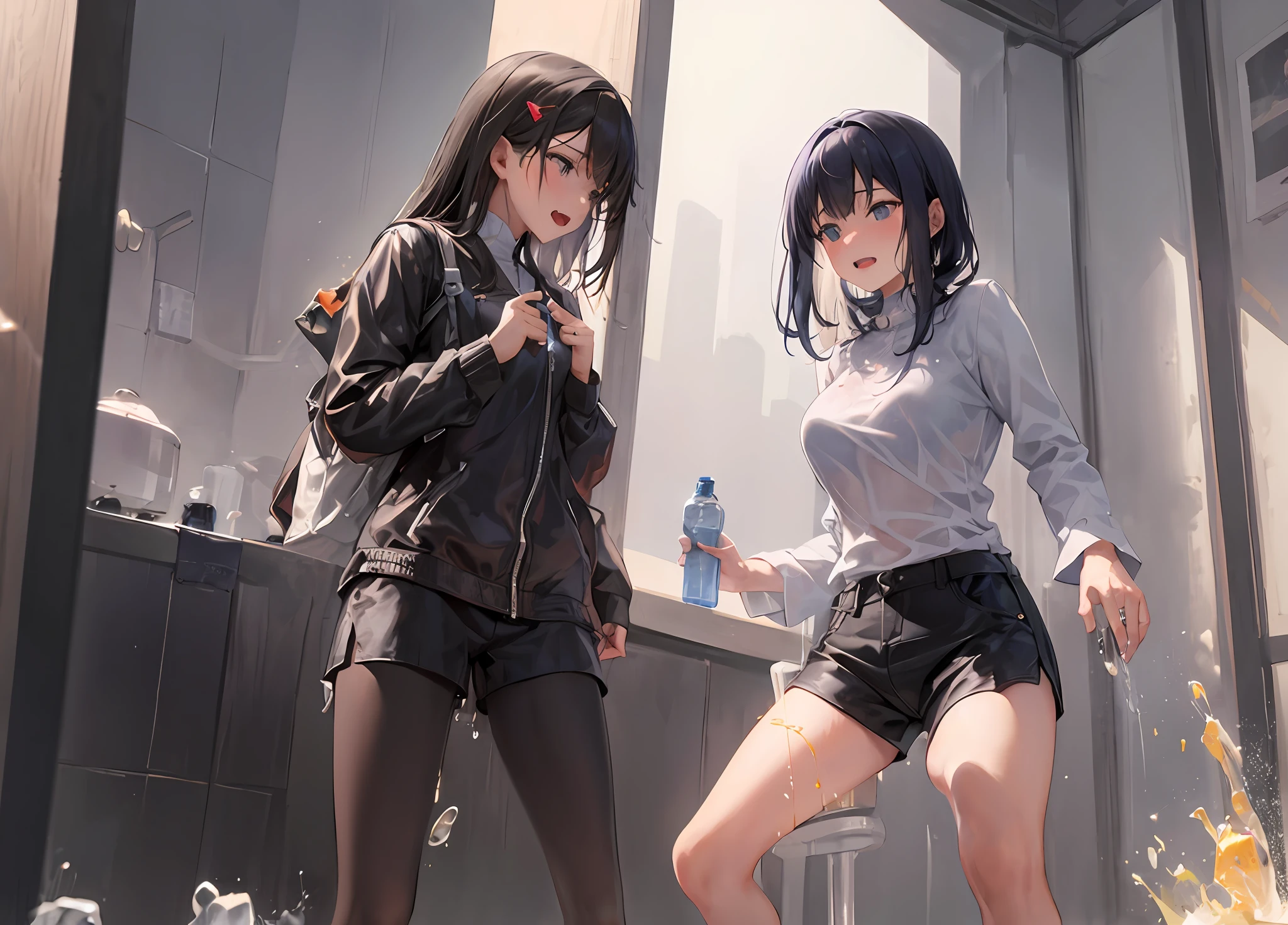 dripping urine, писают, It drips from under the shorts, squirt,