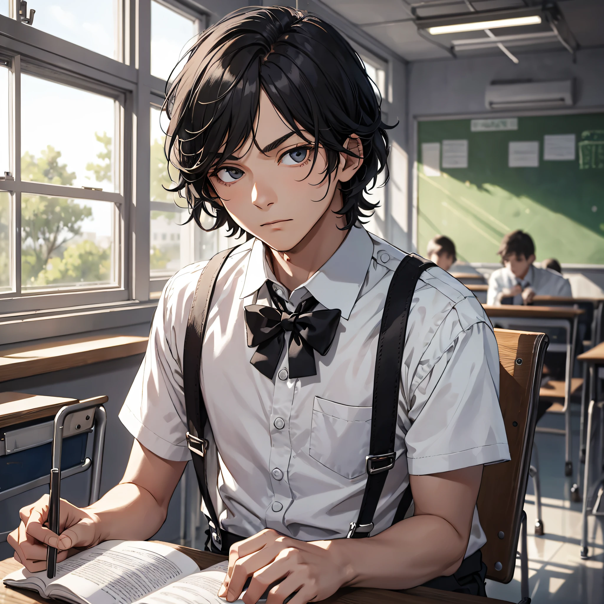 Ridiculous resolution，high resolucion，（nmasterpiece：1.4），ultra detaile，Inside the classroom，sitted，The young man had messy black hair，White suspenders，A serious expression，Reading