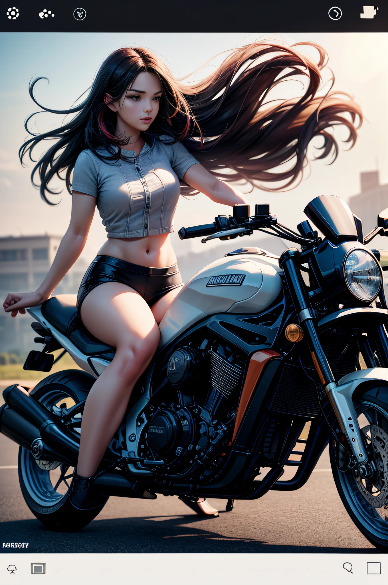 Close up shot of one very beautiful woman, riding a motorbike, long multicolored hair blowing in the wind, UHD, retina, masterpiece, accurate, anatomically correct, textured skin, super detailed, high detail, photorealistic stick, high quality, highest quality, high resolution, 1080P, HD, 4K, 8k