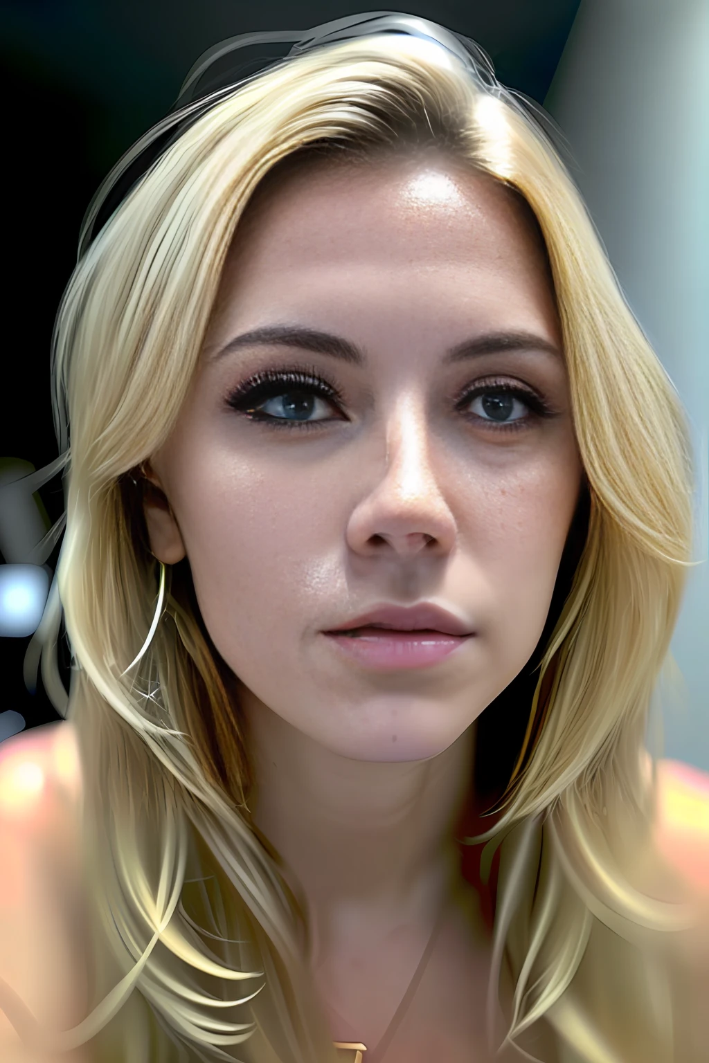 gorgeous woman with extra long wavy blonde hair, detailed alluring eyes, long sexy legs, wearing tiny shorts, t-shirt, ((detailed facial features)), (finely detailed skin), pale skin, realistic skin texture, extreme skin details, (pores:0.1), in the background beautiful futuristic cyberpunk city, best quality masterpiece, photorealistic, hyperrealistic, detailed, 8k, HDR, (Soft color: 1.2), shallow depth of field, broad light, high contrast, backlighting, bloom, light sparkles, chromatic aberration, sharp focus, RAW color photo