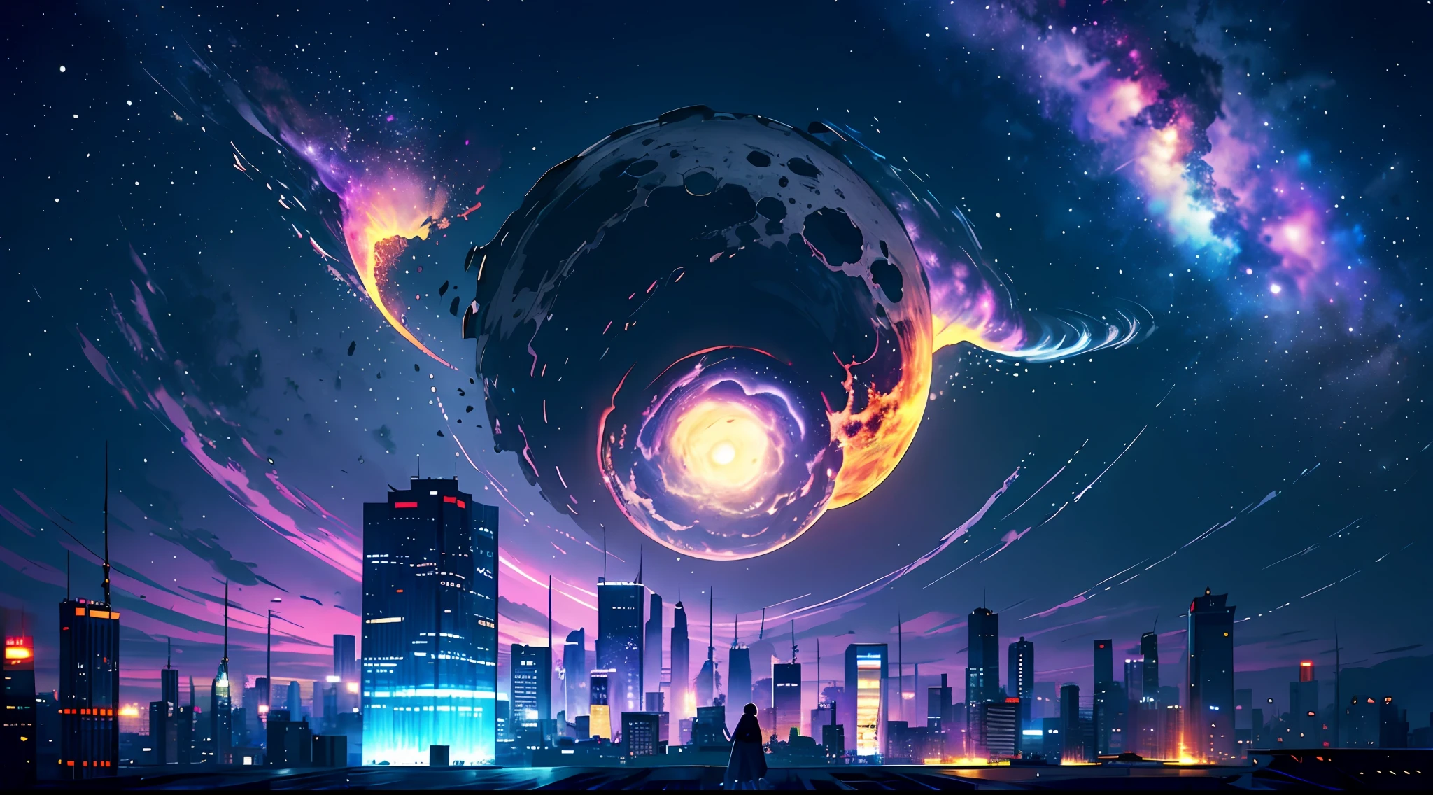 Meteorite fall、Girl in tears, long purple hair, Modern hoodies, mini-skirts, Converse Shoes, The big city in ruins, On the roof of a building, at noon,, blue skies, the clouds, (shooting from side)), A low-angle, Volumetric Lights, 8K, beste-Quality, sharp, specifics、Crystal clear night sky