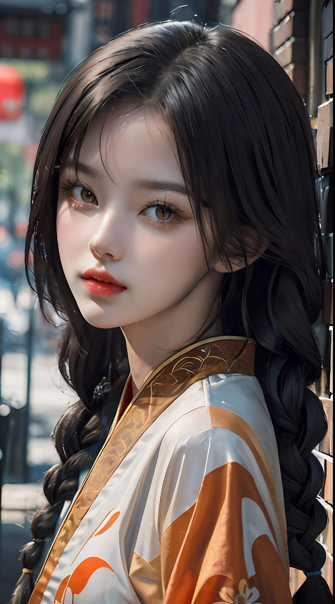 (Fluorescent color: 1.4), (Translucent: 1.4), (Vintage filter: 1.4), (Dream: 1.4), (Orange background: 1.4), (1 woman dressed (orange and white Hanfu: 1.4), Tang style, printed pattern, blunt bangs, black hair, braids), (portrait: 1.6), looking at the viewer, (masterpiece, 8k uhd, HDR, extremely detailed, intricate details, best quality, professional, bright colors),