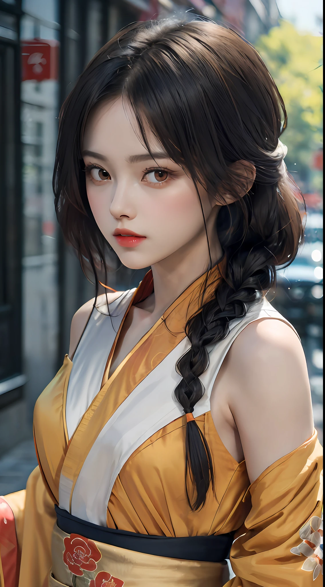 (Fluorescent color: 1.4), (Translucent: 1.4), (Vintage filter: 1.4), (Dream: 1.4), (Orange background: 1.4), (1 woman dressed (orange and white Hanfu: 1.4), Tang style, printed pattern, blunt bangs, black hair, braids), (portrait: 1.6), looking at the viewer, (masterpiece, 8k uhd, HDR, extremely detailed, intricate details, best quality, professional, bright colors),