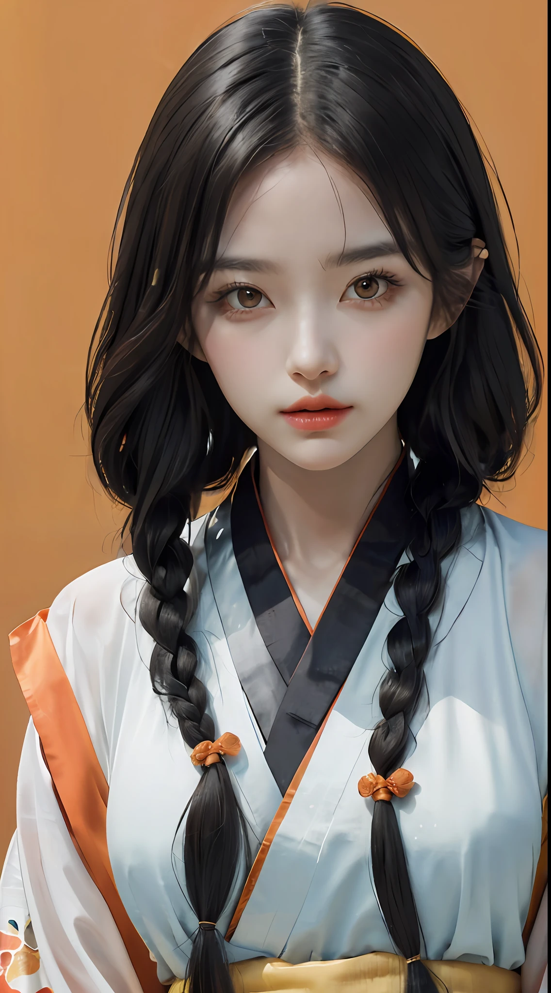 (Fluorescent color: 1.4), (Translucent: 1.4), (Vintage filter: 1.4), (Dream: 1.4), (Orange background: 1.4), (1 woman dressed (orange and white Hanfu: 1.4), Tang style, printed pattern, blunt bangs, black hair, braids), (portrait: 1.6), looking at the viewer, (masterpiece, 8k uhd, HDR, extremely detailed, intricate details, best quality, professional, bright colors),