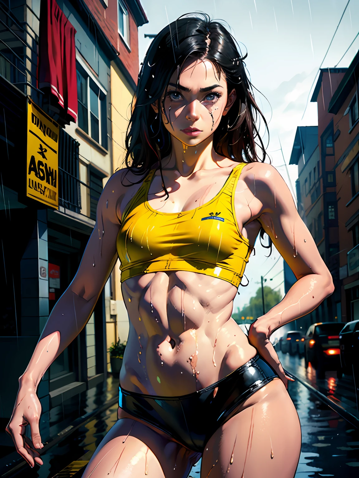 illustration, (smile,:1),(raining,wet,splash:1.3), (string,abs,small breasts,:1.1),(thin transparent, wet clothes,sfw),thighs, battlefield, (slim, fit,flat chest, petite,ukranian,) photo realistic, high definition, detailed realistic, detailed, hyper detailed, realistic skin texture, ultra high resolution, high resolution,flag painted, (masterpiece, best quality), face tears,