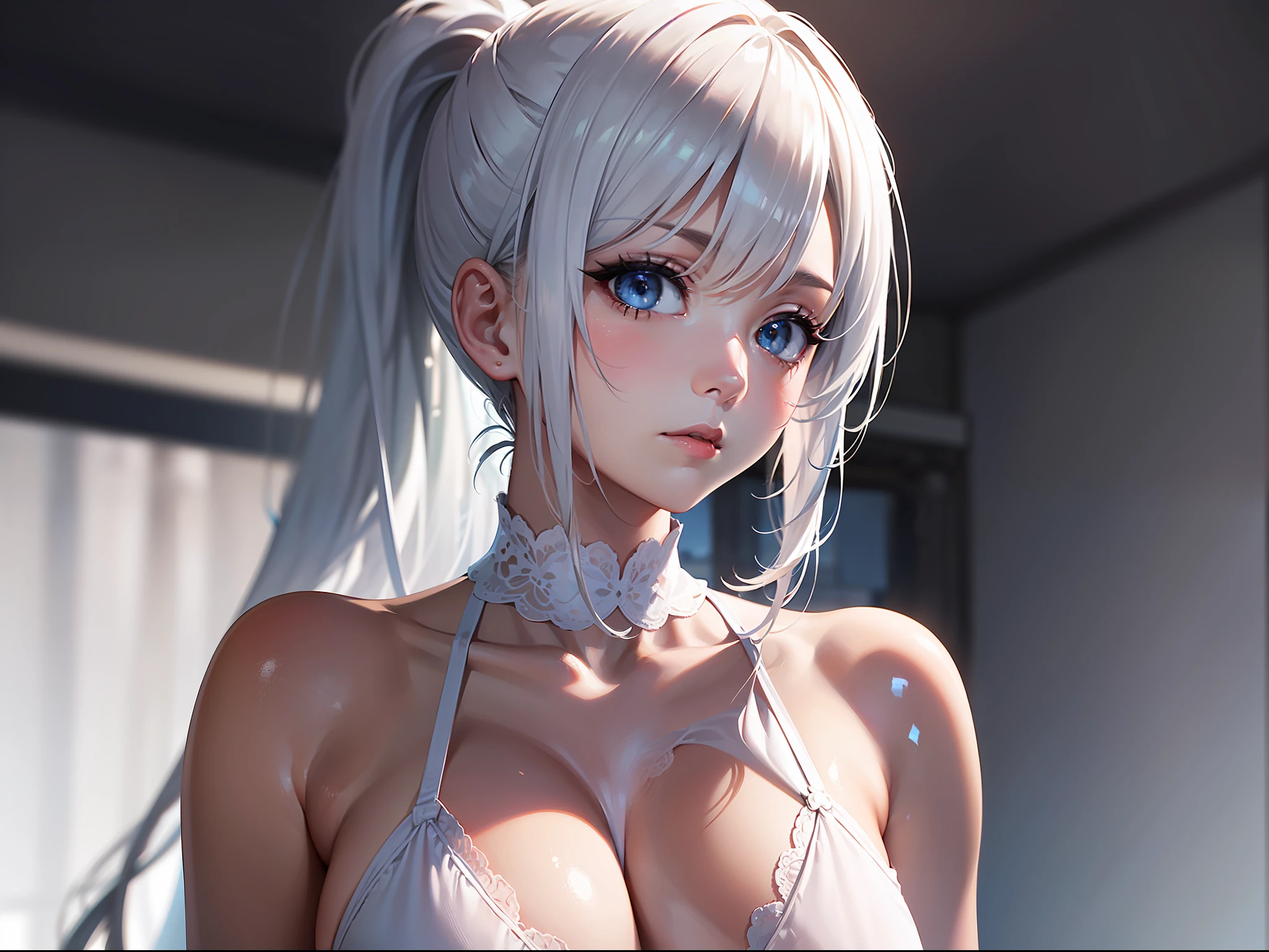 (CG Unity 8K wallpaper in extreme detail,masterpaintings,Highest image quality),(Delicate light and shadow,The picture is highly dramatic,Cinematic lens effect), White pick-dyed hair,Long single ponytail,pretty eyes,Beautiful face,Expressionlessly,white bikini,slender build,medium tits,The background is the seaside(Exceptional detail,The lighting effect is outstanding,Vista wide angle),Tindal effect(Excellent rendering,Enough to stand out from the crowd),raytrace,