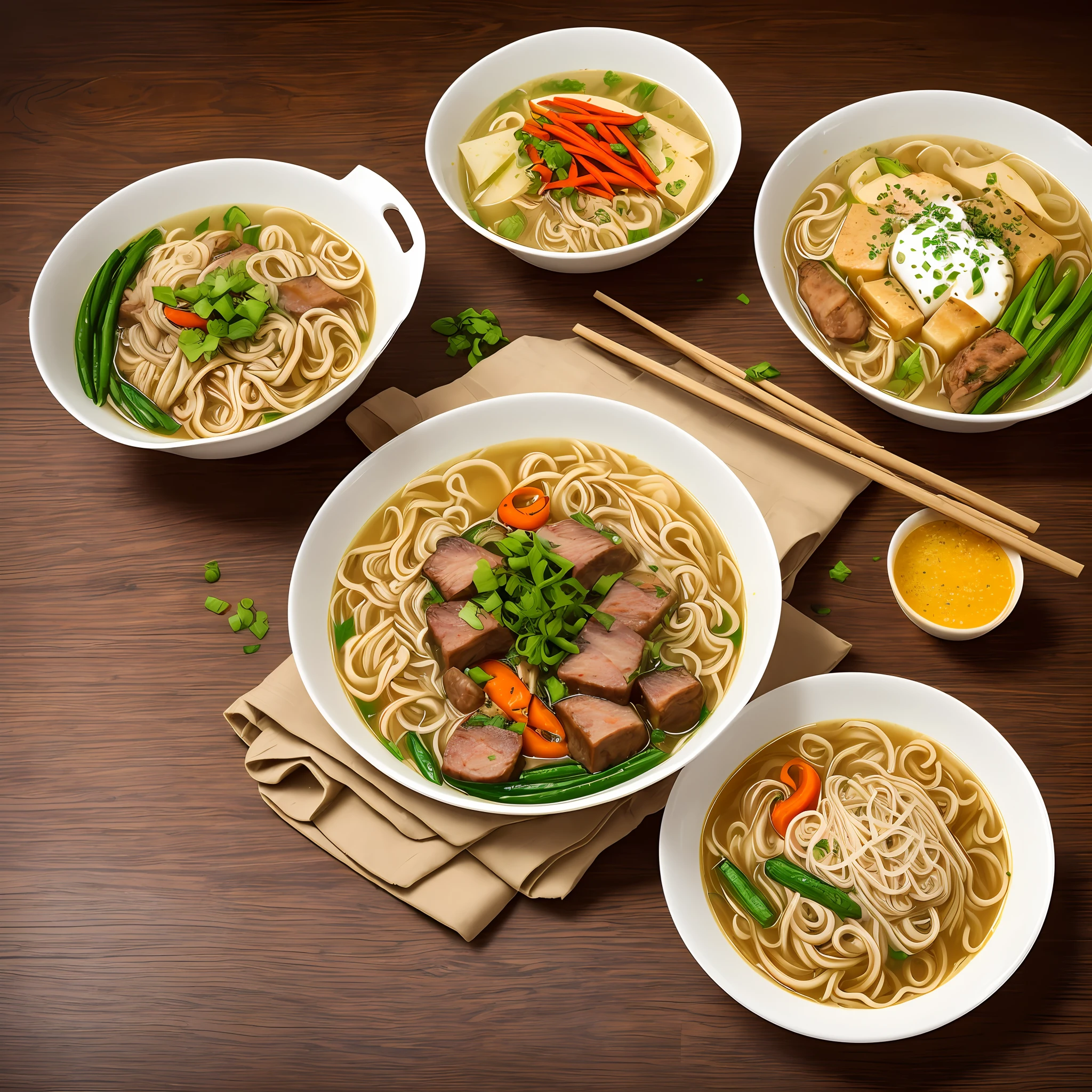 There is a bowl of noodles on the table, It has vegetables and meat on top, Golden broth, delicacy, real photograph, f/4.0, three sided view, High details, High quality --auto