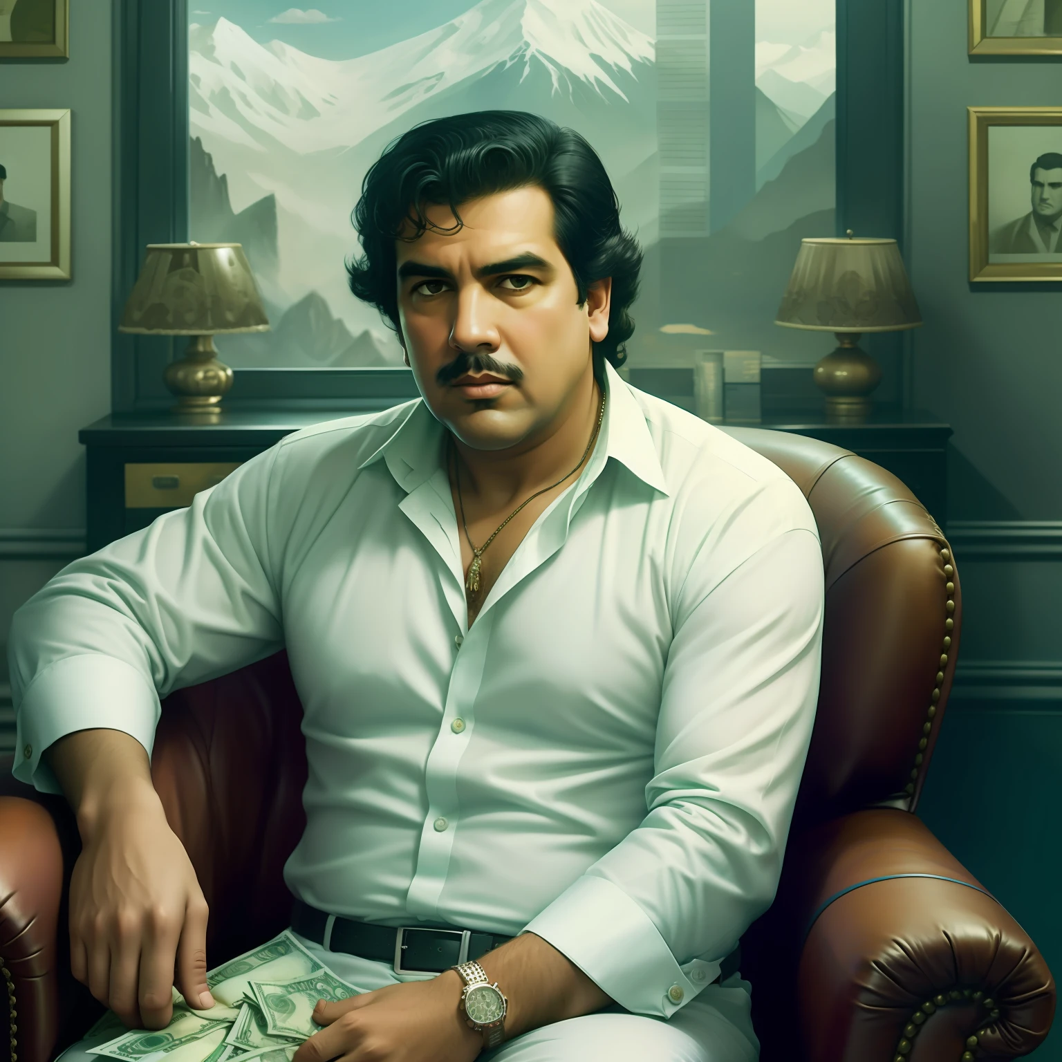 Pablo Escobar, Pablo Escobar, Mountains of money, money in the background, dollars in piles, Pablo Escobar in an armchair Pablo escort in an armchair with money around him