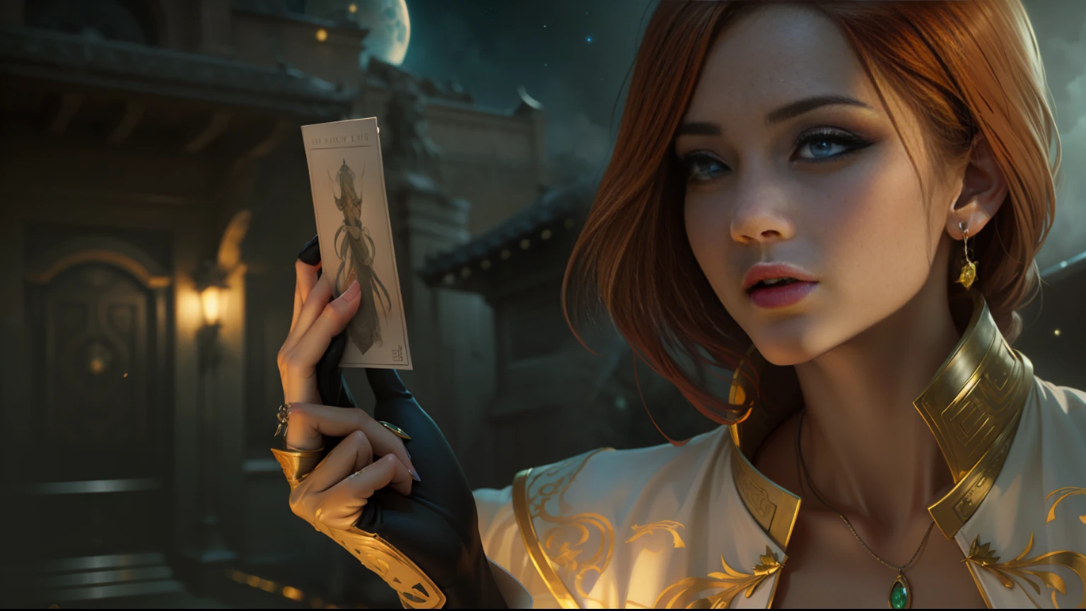 1 jeune fille de 20 ans, 1 zodiac goddess from the future, 12 zodiac goddess pink purple, 12 zodiac goddess ao dai thin sexy yellow deep slit chest, 12 zodiac ao dai many details black lace deep slit chest, goddess mythology 12 zodiac from the future, zodiaque , Style zodiaque scintillant de luxe, tiens une carte dans les mains, Couronne du zodiaque, red lipstick, thin and pretty lips, Ne souriez pas, keep your mouth shut, character created by karol bak and pino daeni, Intricate details, detailed background, extremly detailed, light magic, une femme, visage parfait, visage clair, look at the face of the goddess of the zodiac, Blums boods, Seins gros et ronds, cheveux longs avec frange plate, beautiful detailed face and well-proportioned eyes, (yeux bleu: 1.8), big round eyes and very beautiful and meticulous makeup, visionnaire, portant une longue chemise en soie, mysterious makeup, frange plate et teinte en blond clair, the upper half of the body is a goddess the zodiac sign on the body, les bras pendants, Real and vivid images, (the stars that make up the zodiac: 1.7), (the zodiac sign in the sky background and the broken gate of space and time, texture: 1.8), Art de fiction, Photo brute, Photo de Hanfu, Meilleure photo, highest resolution, Best quality, best photo quality, 8k quality, 8k extreme, super realistic, most realistic photo, 12 zodiac goddess portrait art, 1 symbol of 12 zodiac behind, single goddess portrait 1 zodiac sign, Most realistic color scheme, Meilleure couleur photo, Masterpiece , hair decoration, mineur, joaillerie, joli visage, Haut du corps, Effet Tyndall, photo lifelike, Studio sombre, Feu de bordure, Deux tons brillants, (very detailed skin: 1.2), 8K UHD, DSLR, Soft Light, High quality, volumettic light, realist, snapshot, High resolution, 4K quality --