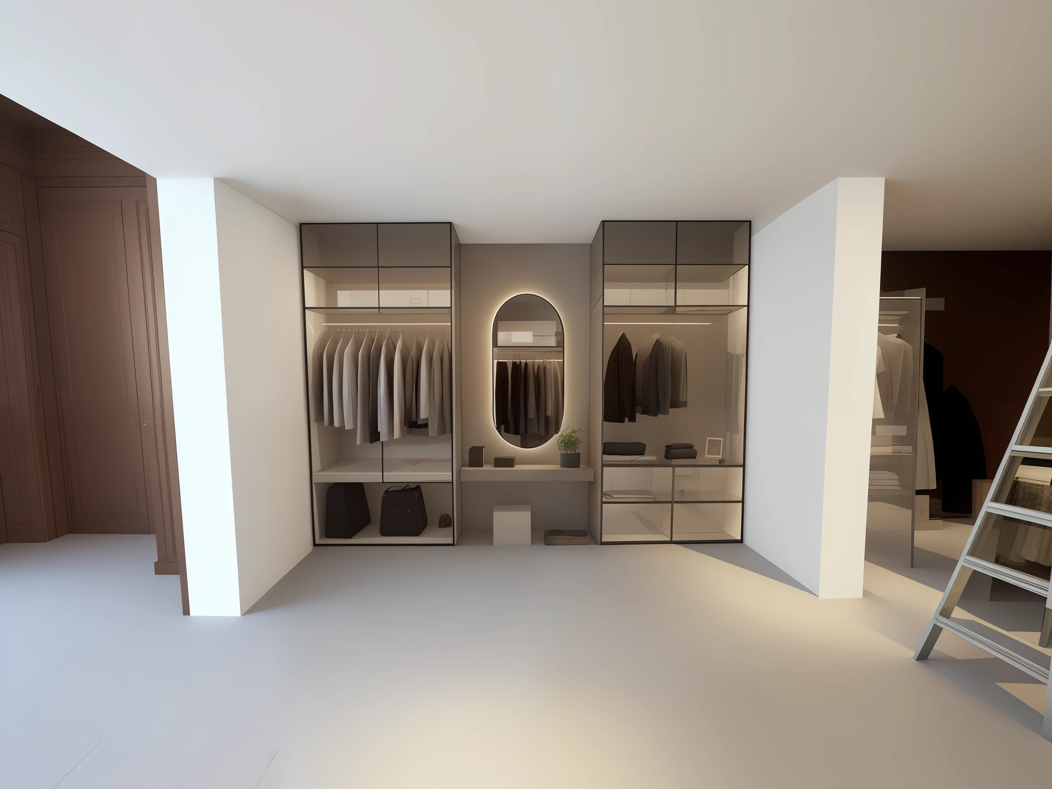 a view of a room with a ladder and a mirror, elegant wardrobe, elegant futuristic wardrobe, mirror and glass surfaces, show room scene, showcase, black show room, theater dressing room, eora, giorgio, store, by Emma Andijewska, the store, completely filled space, dezeen showroom, highly rendered!!, taken in 2 0 2 0