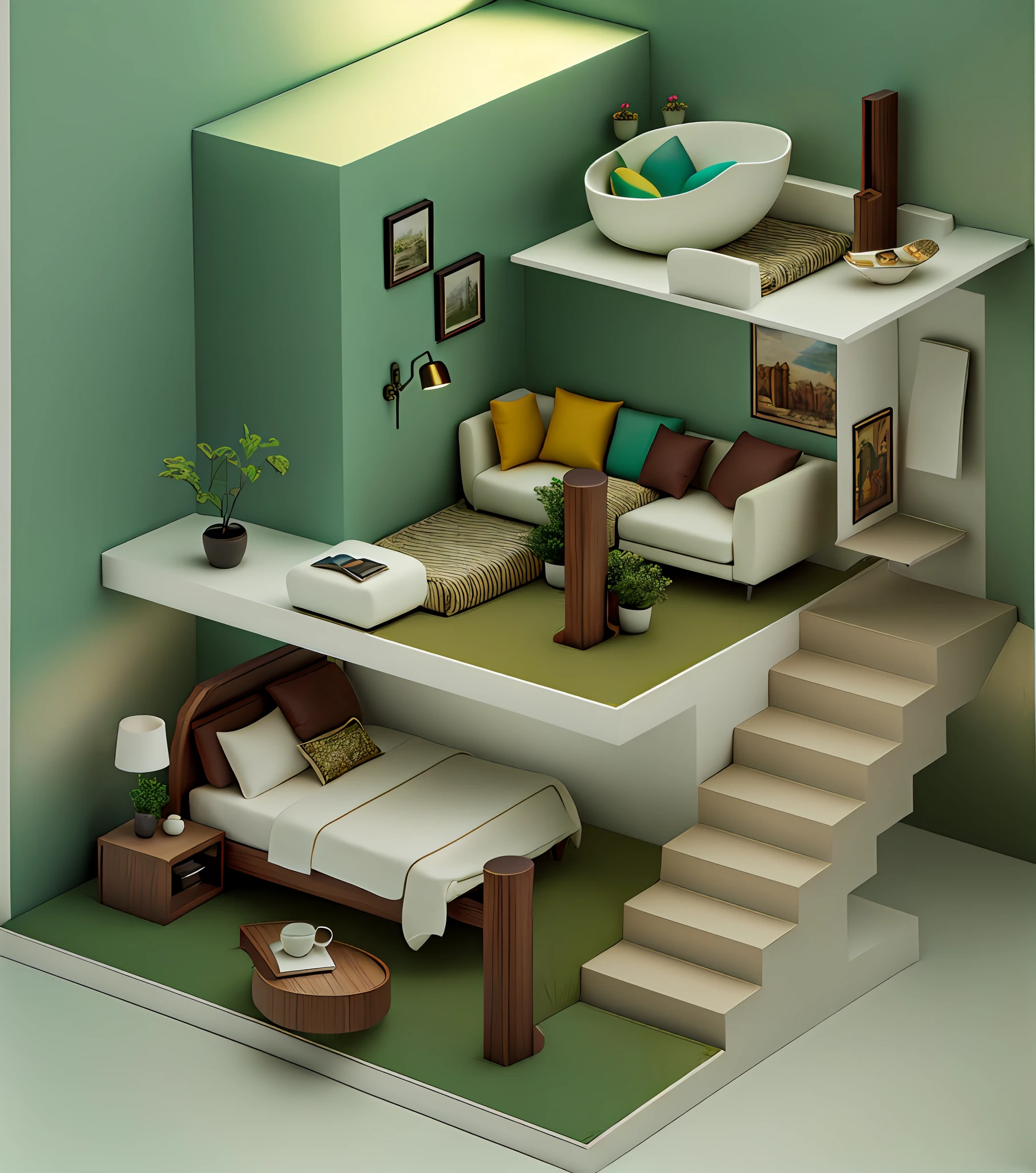 interior scene,raytrace,Yellow wall,Three floors,There is a bed on the first floor,nightstand,Two-story sofa,Three levels of bathroom,There is a table,Tea table,Greenery,fresco painting,warmtones,A pair of old men,sit on sofa