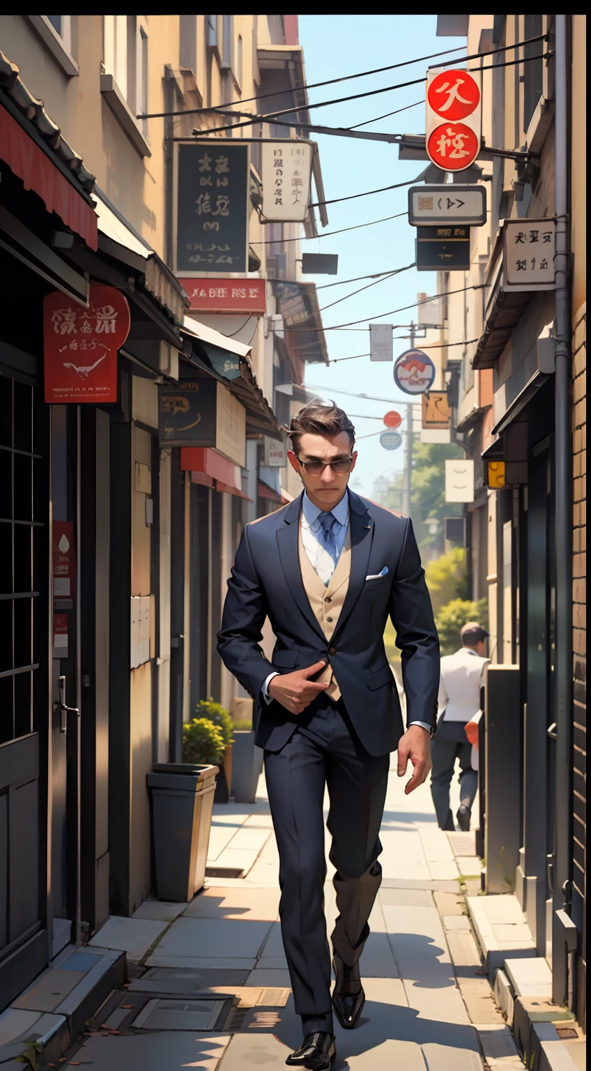 Realistic, (best quality, masterpiece: 1.3), men, (in suit) (walking down the street)