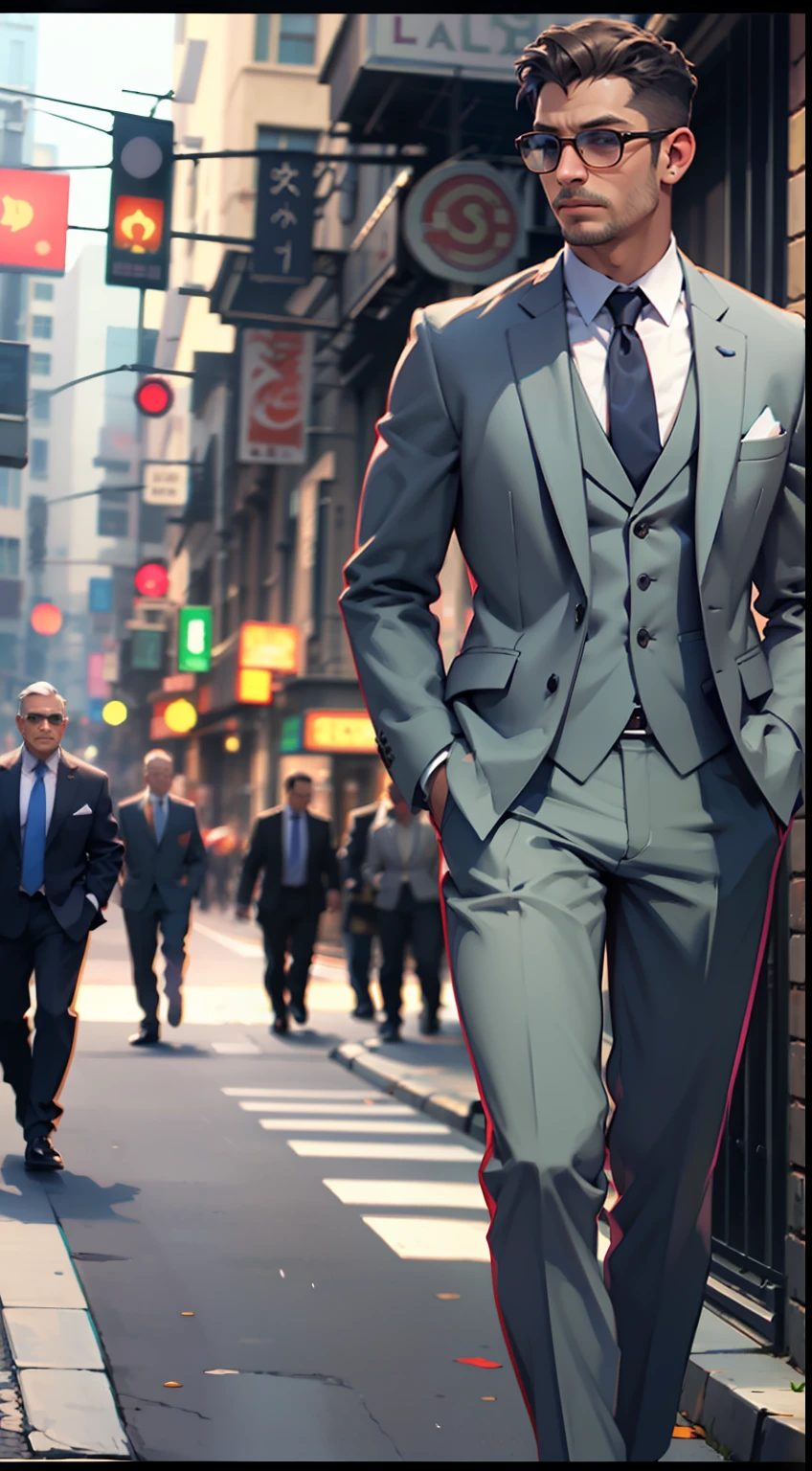 Realistic, (best quality, masterpiece: 1.3), men, (in suit) (walking down the street)