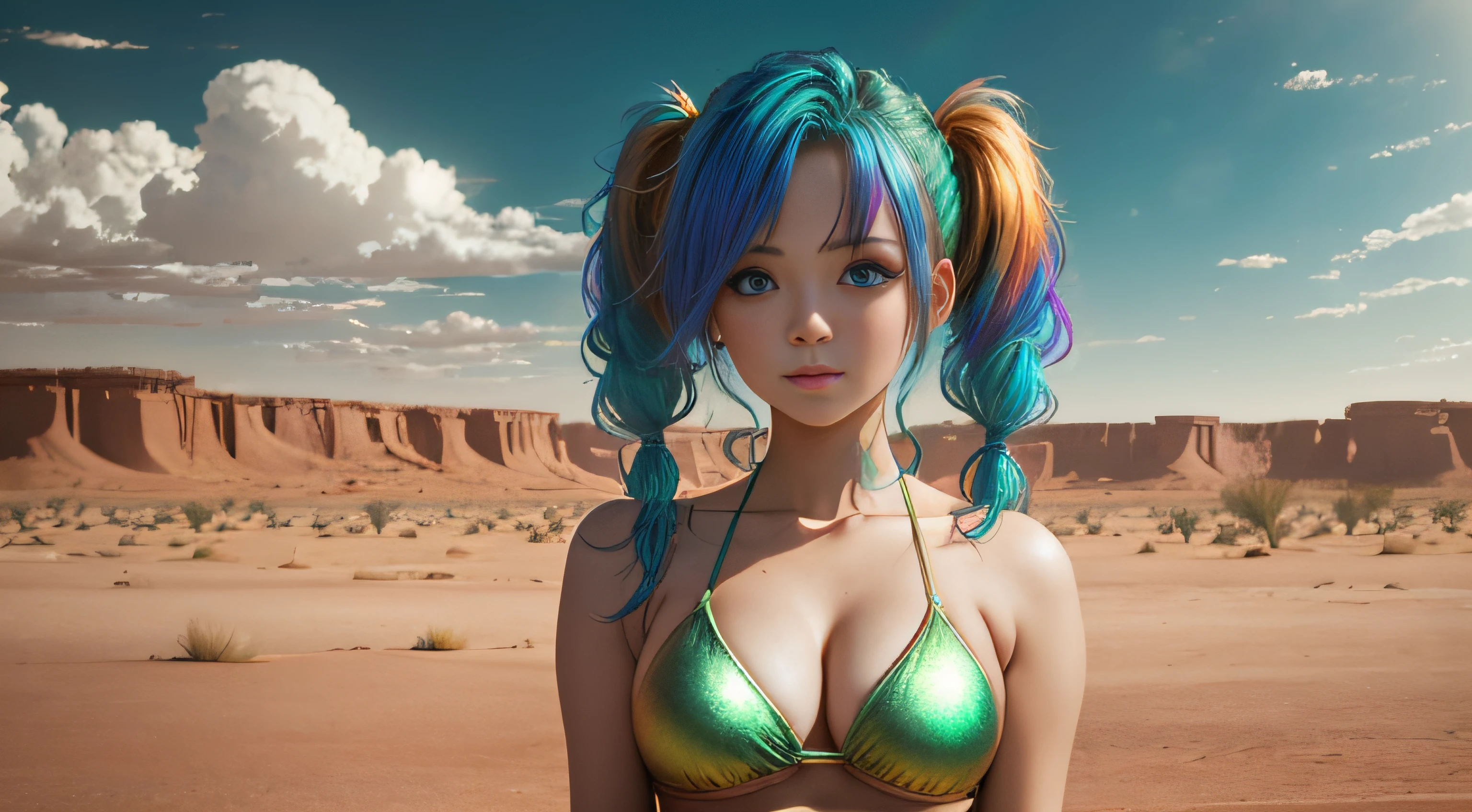 cute redhead woman in twin tails, multiple rainbow colored hair, sky-blue eyes, happy, Ukrainian, petite, pale skin, wearing a green metallic color bikini, post apocalyptic background, bleak barren desert, photo realistic woman. --auto