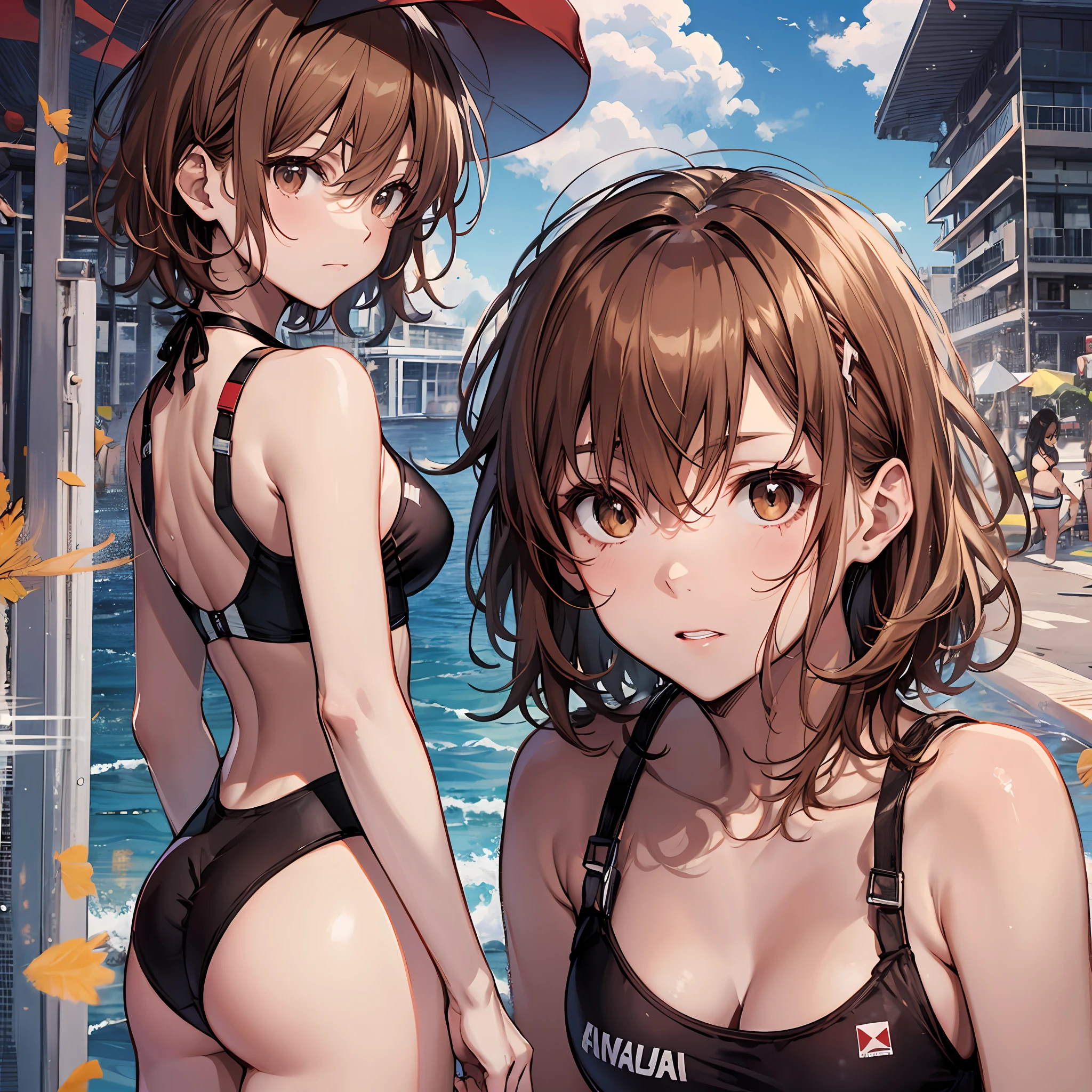 A masterpice, beste-Quality, Misaka_mikoto, Brown-eyed, Short_hair, Small_Breast, looking at the viewers red swim wear, random posing seas beach Cool face Beautiful back