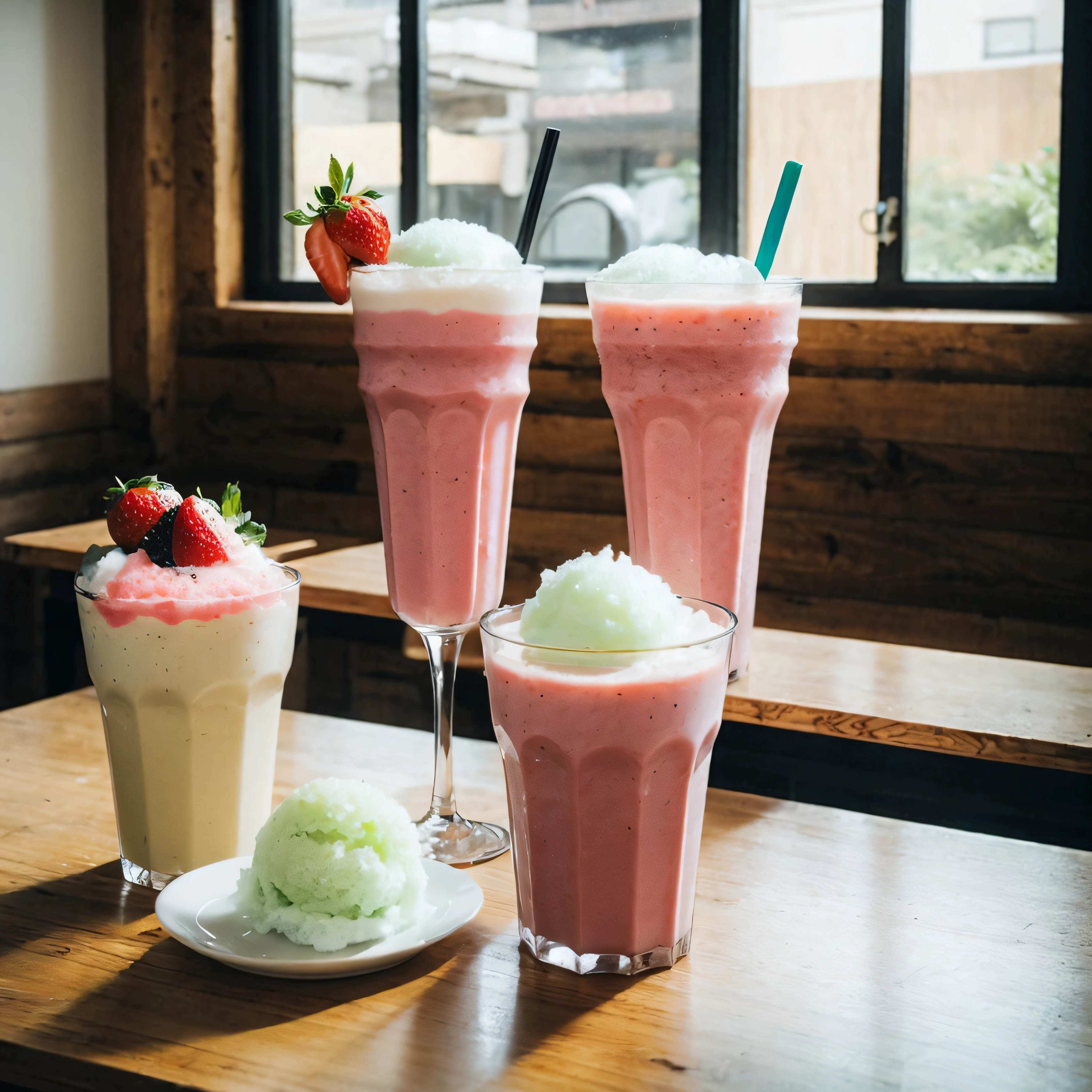 Shaved ice with ice cream and strawberry smoothie on the table、fashionable cafe、Counter seats by the window、light coming through the window、Close-up of the top of the table
