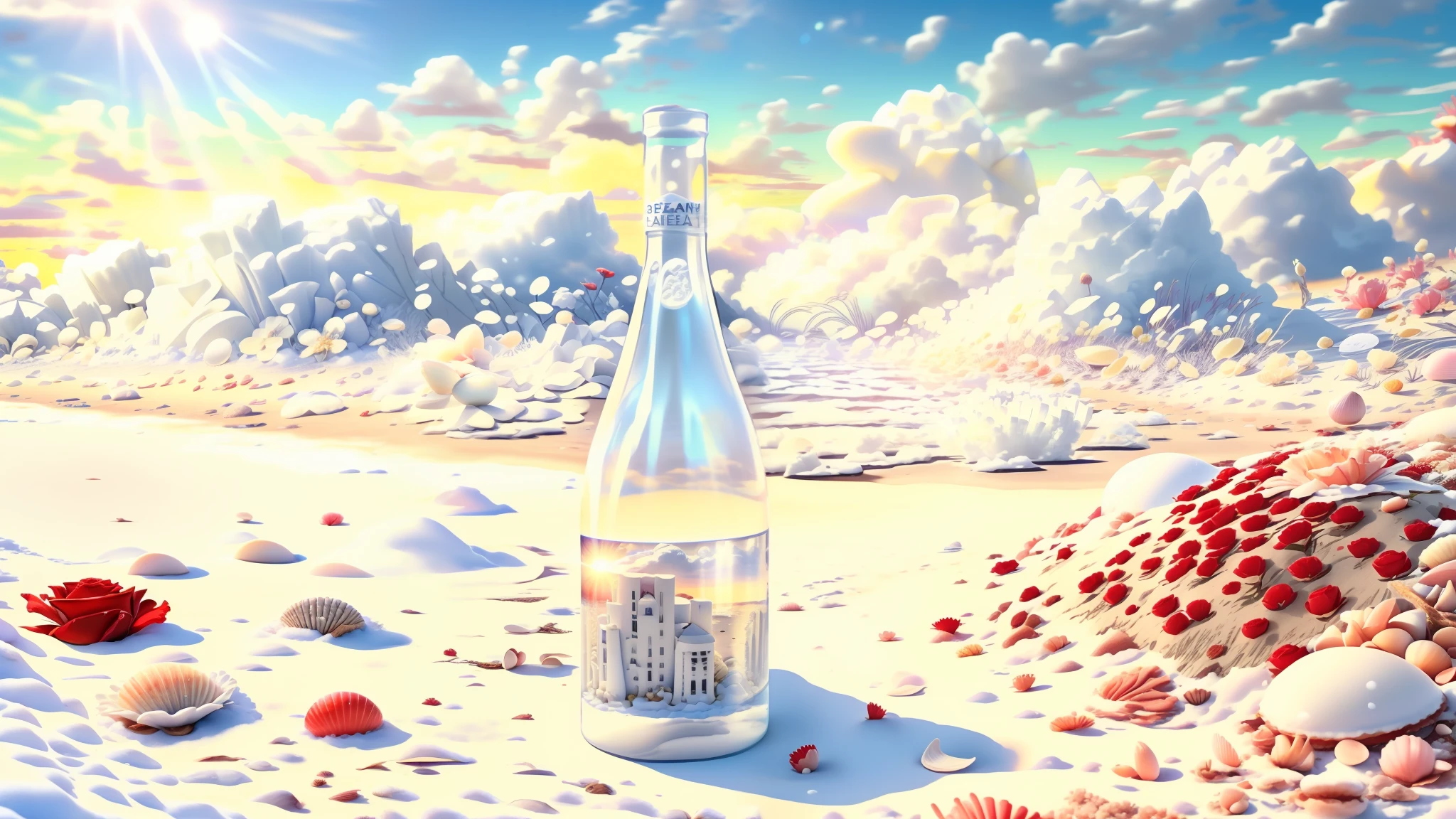 delicate scene,depth of field, 8K, The ivory sky,white clouds,and sunlight shine on the snow-white beach. The coral sea,and many colorful tinny shells on the beach,red roses, roses focus,