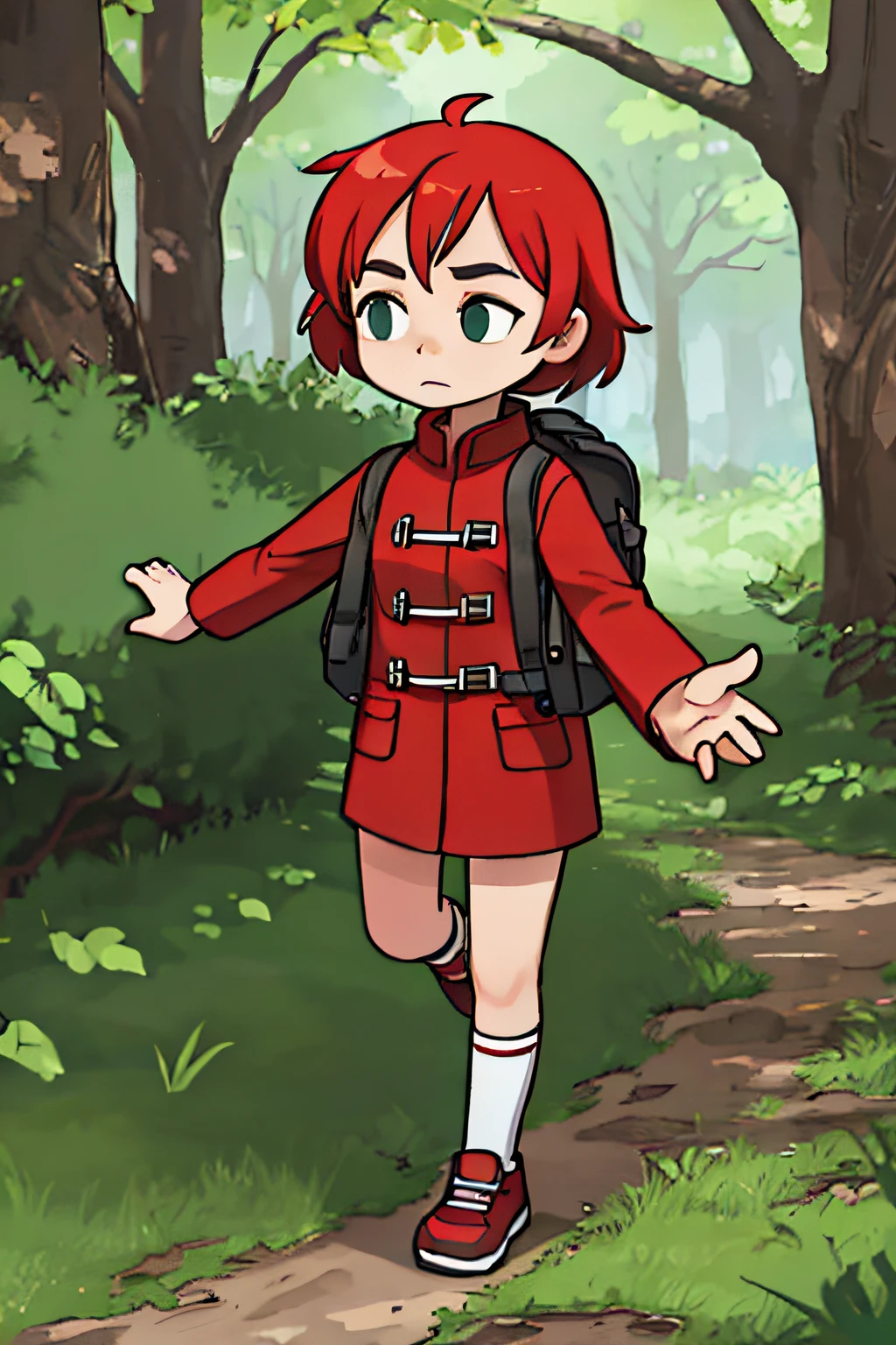 girl, red coat, forest, trail