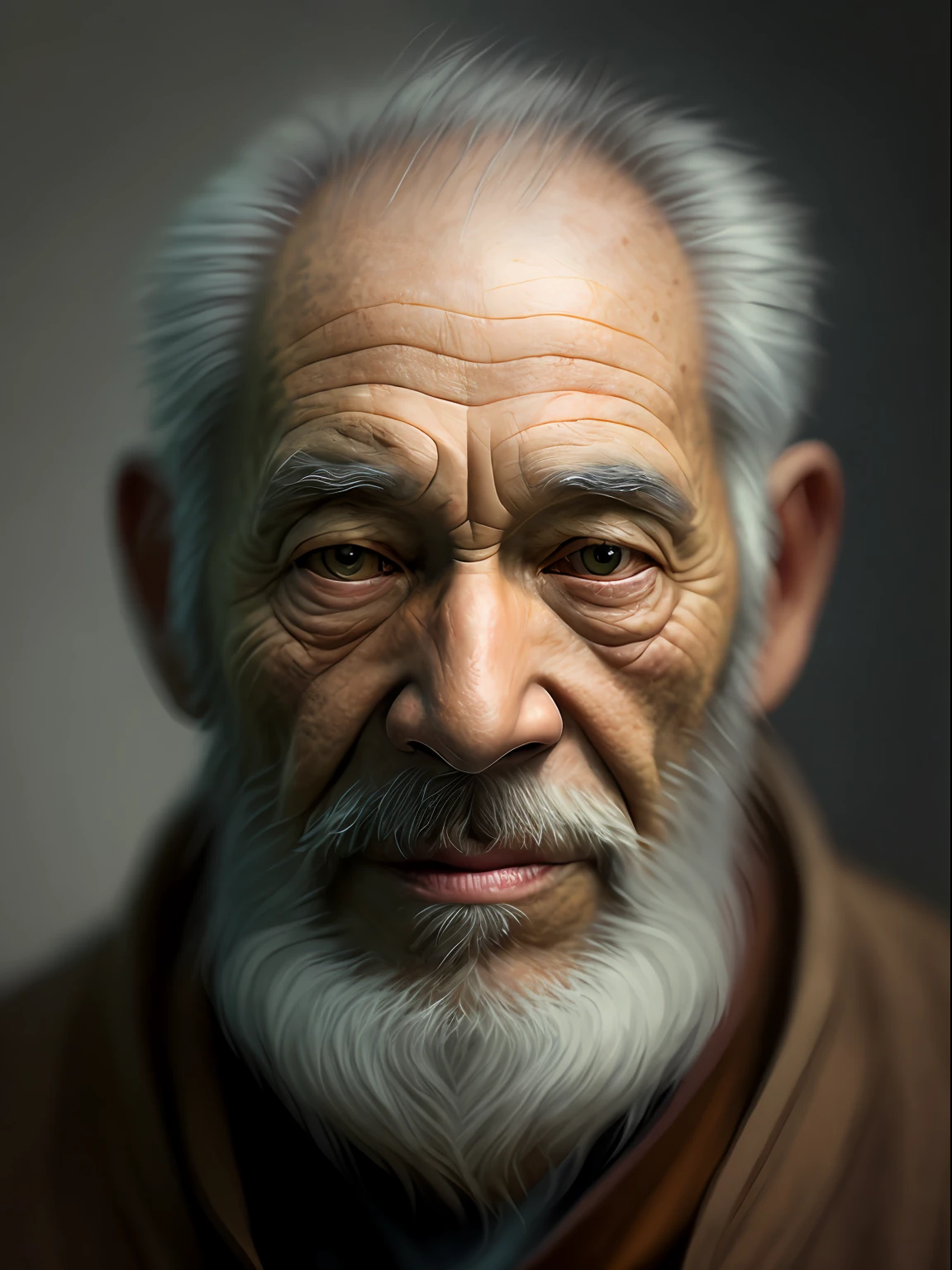 arafed man with a white beard and a brown jacket, ultra detailed portrait, portrait of monk, old man portrait, ultra realistic digital painting, cinematic realistic portrait, realistic digital painting, wise old man, photorealistic digital painting, hyper realistic digital painting, oriental face, highly realistic digital art, an old man, asian face, cinematic. by leng jun