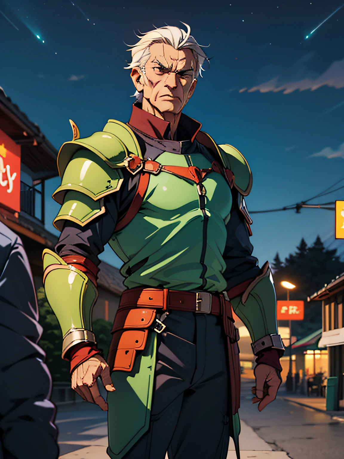 Anime men,elderly man,Tall and mighty,Serious,armor,to stand,face to looking at viewer,Night scene --auto