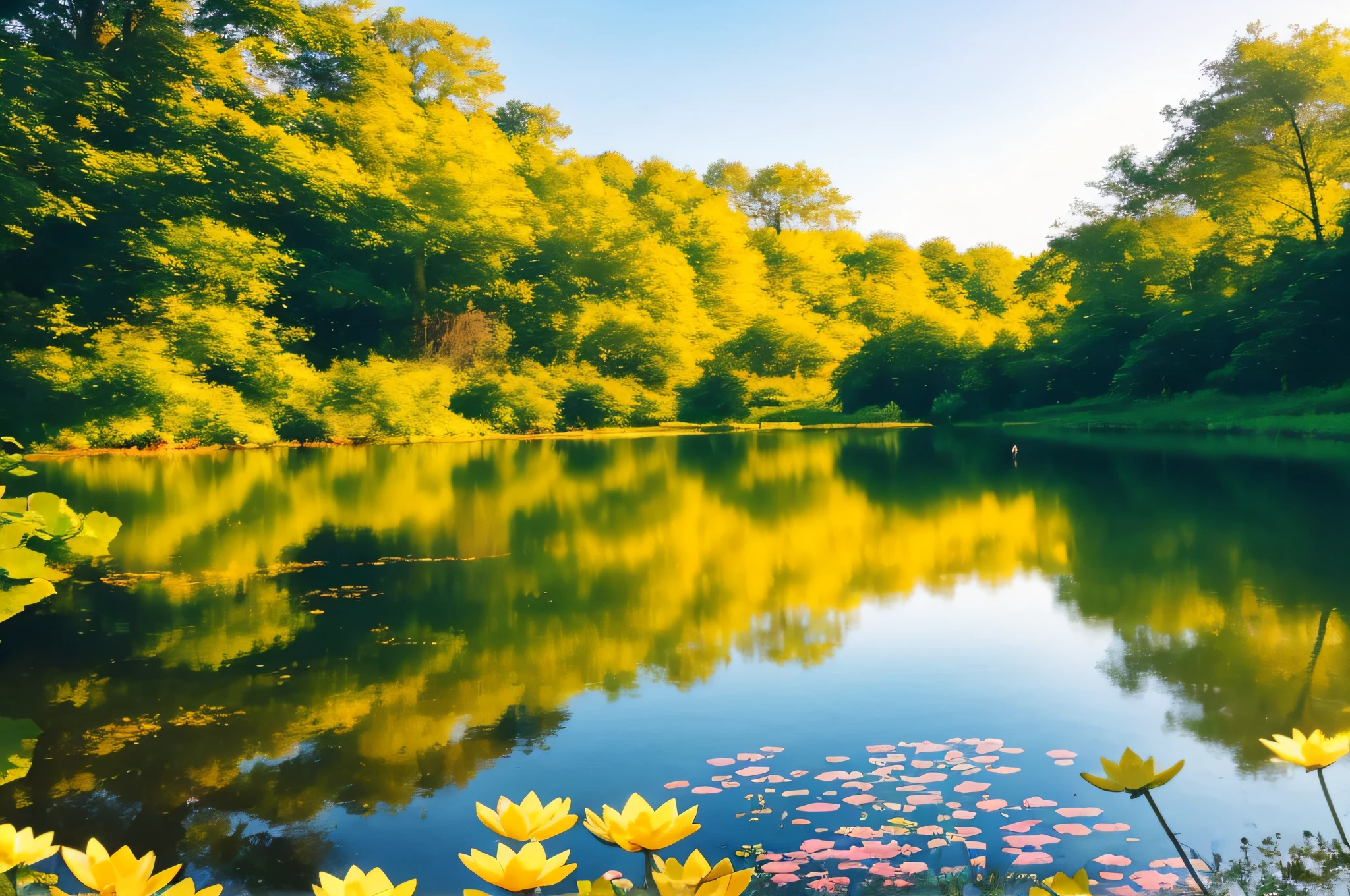 (bathing in a rural pond), tranquil scene, dreamy atmosphere, calm and peaceful setting, vibrant colors, warm sunlight, refreshing feeling, immersive view, nature's beauty, water reflections, gentle waves, beautiful scenery.