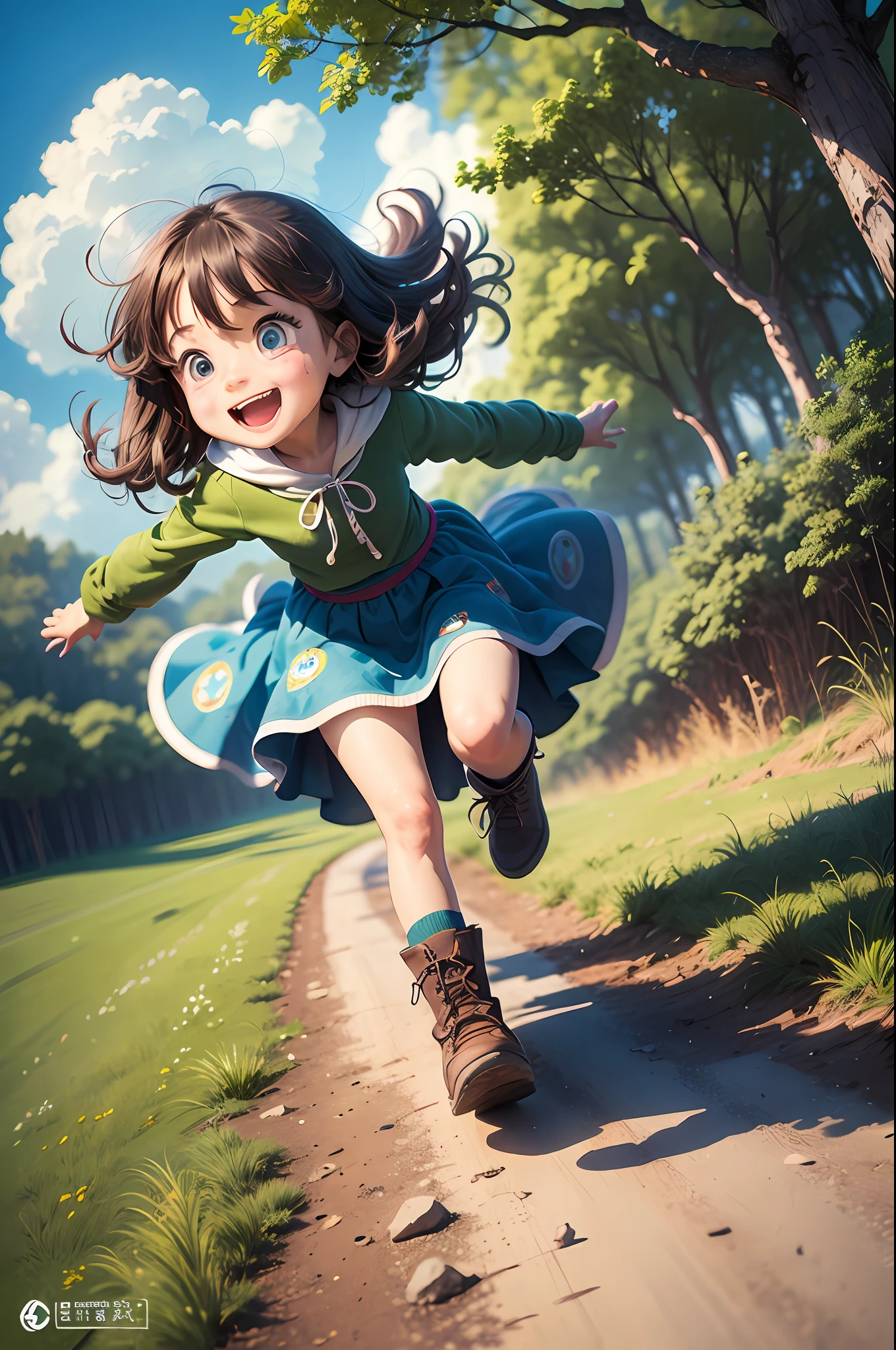 Super cute little man,Round face and round eyes,A solid color with a plane that is highly saturated,Cartoony,Vivid 3:4 Super cute and healing kids,Cute and lively little girl under blue sky,middle length hair,Wear a long skirt,Laughing,Green meadows,running towards viewer,It is surrounded by trees,facing at viewer,Behind it is the forest,Cartoon style, Anime from the 1980s,pastelcolors,Fine gloss,4K,Ultra-detailded