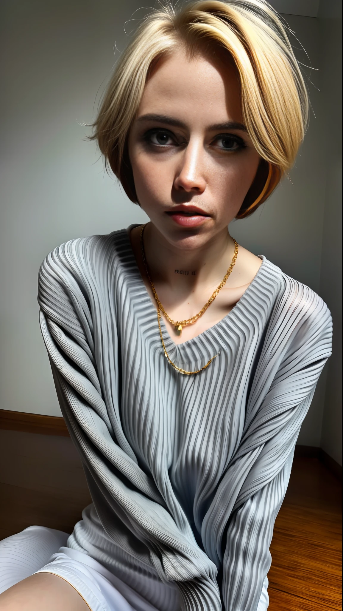 (Best quality, 8k, 32k, masterpiece, UHD: 1.2), photo of a pretty American woman, very short bob hair, upper body, facial focus, black oversized_sweater, necklace, simple background, from above, looking at the viewer,