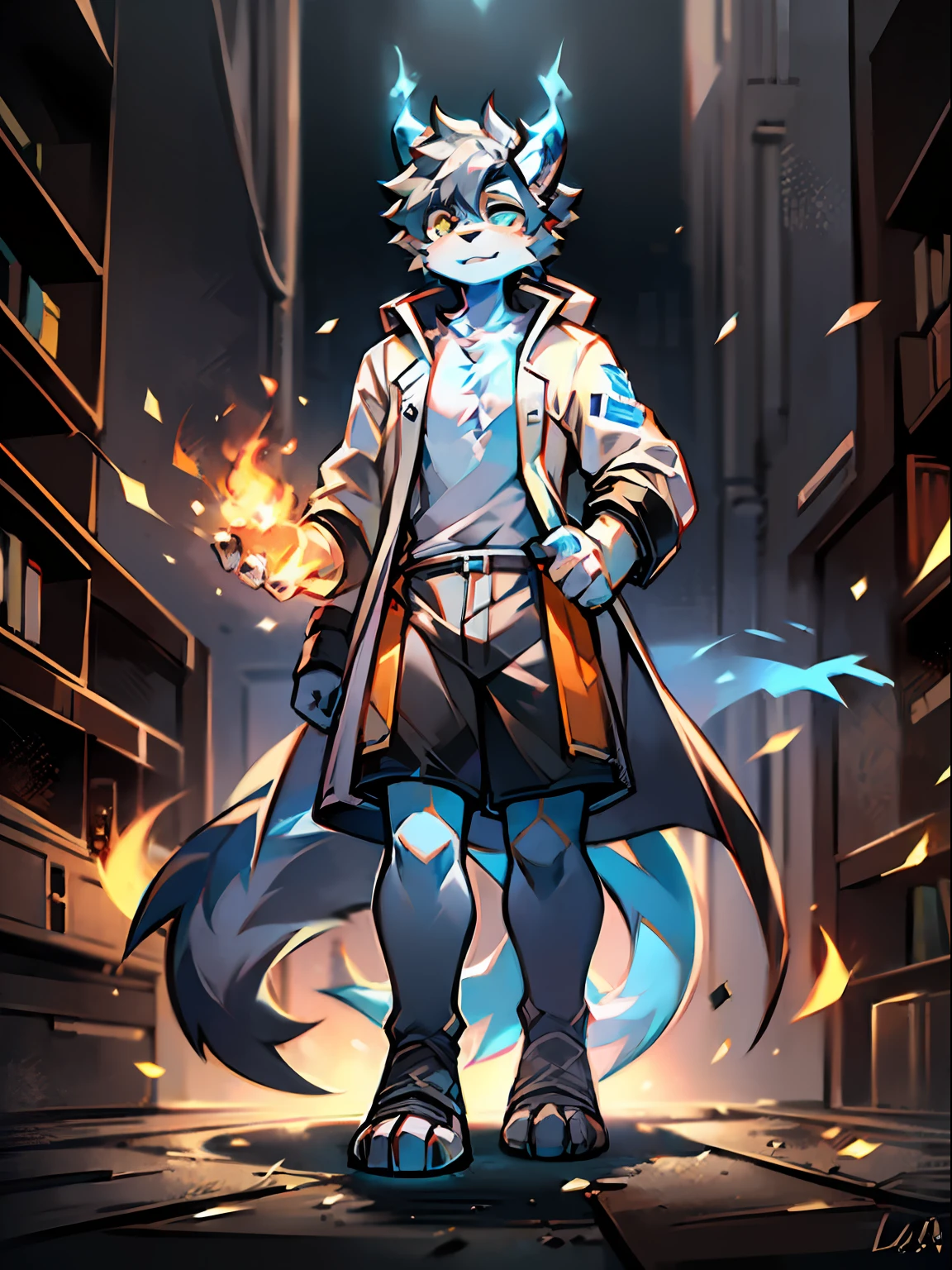 eyes with brightness, the panorama, Character focus ,Full body like,Side Body,独奏,solo person, shaggy, Correct human anatomy。Furry male wolf(Dragon and wolf combined), Male blue-white skin, One blue and one yellow eye,A pair of dragon wings, Gray hair(The long),There is a pair on the forehead(small nipple)Blue horn fluorescence,In an abandoned laboratory,Take control of the magic,Flames floating around,Control the ice,Gray shorts,trench coats,Young style,Height one meter seven,Handsome, There is a wolf tail,high-definition,8K,1440*2048