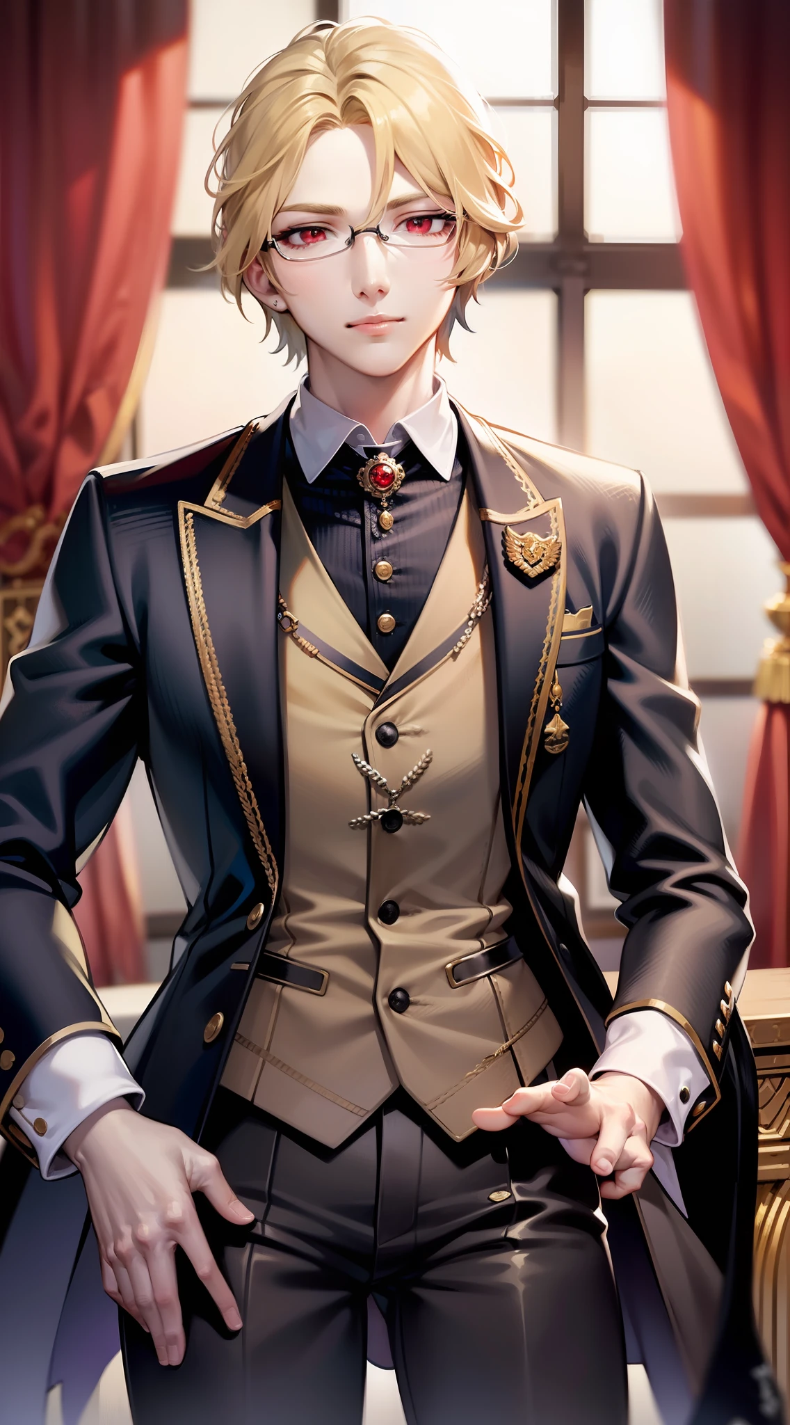 アニメ、beste-Quality、Standing Picture、soio、Whole human body、Handsome and beautiful man、deacon、Glossy detailed blonde hair、Black tailcoat with noble and detailed design、Wearing intelligent and good-looking glasses、Elegant、Detailed cartoon-like red eyes、Beautiful eyebrows、elegent、Luxury、glamor、Luxury