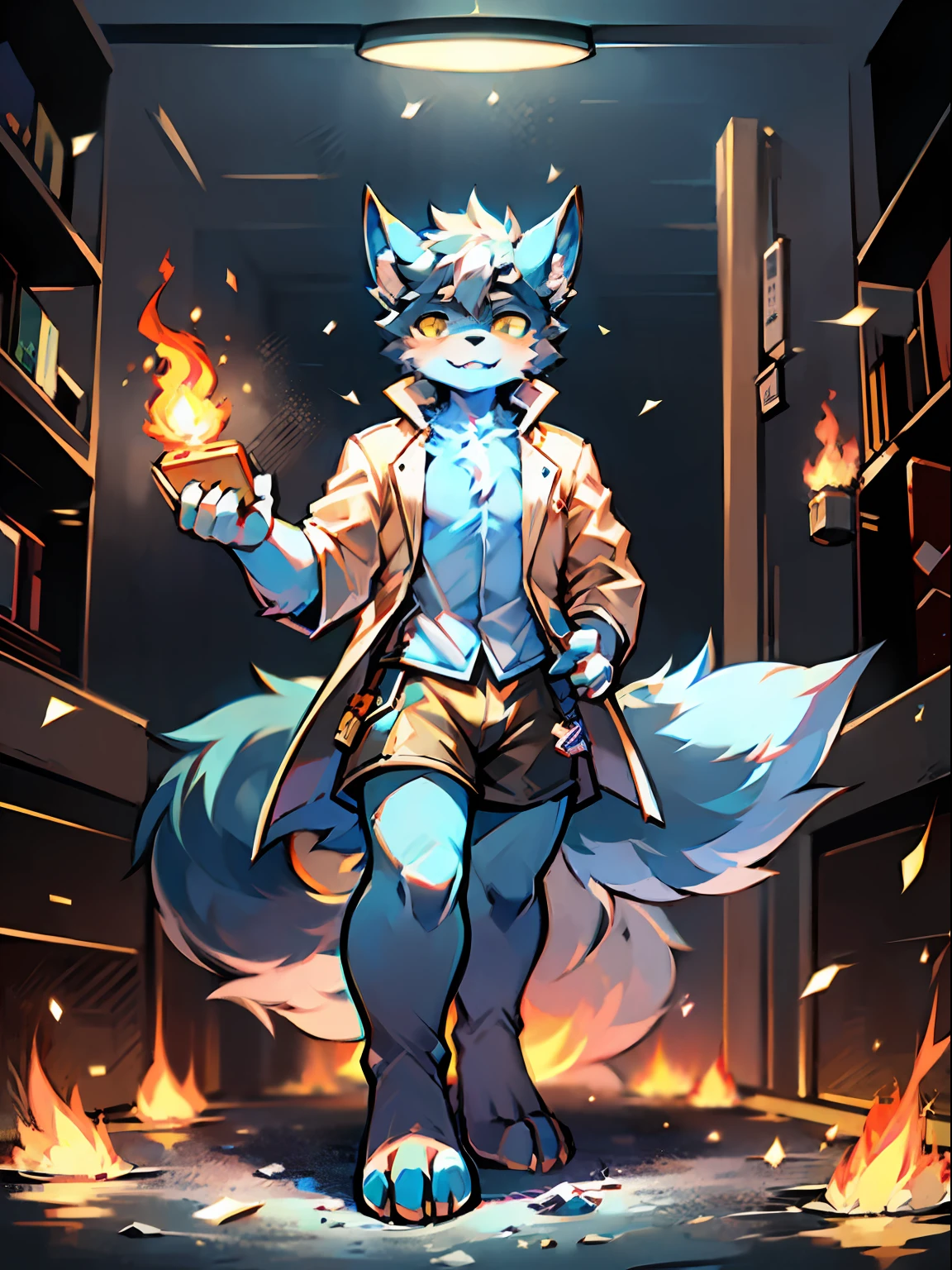 eyes with brightness, the panorama, Character focus ，Full body like，Side Body，独奏,solo person， shaggy, Correct human ???????。Furry male wolf（Dragon and wolf combined）, Male blue-white skin, One blue and one yellow eye，A pair of dragon wings, Gray hair(The long），There is a pair on the forehead（small nipple）Blue horn fluorescence，In an abandoned laboratory，Take control of the magic，Flames floating around，Control the ice，Gray shorts，trench coats，Young style，Height one meter seven，Handsome， There is a wolf tail，high-definition，8K，1440*2048
