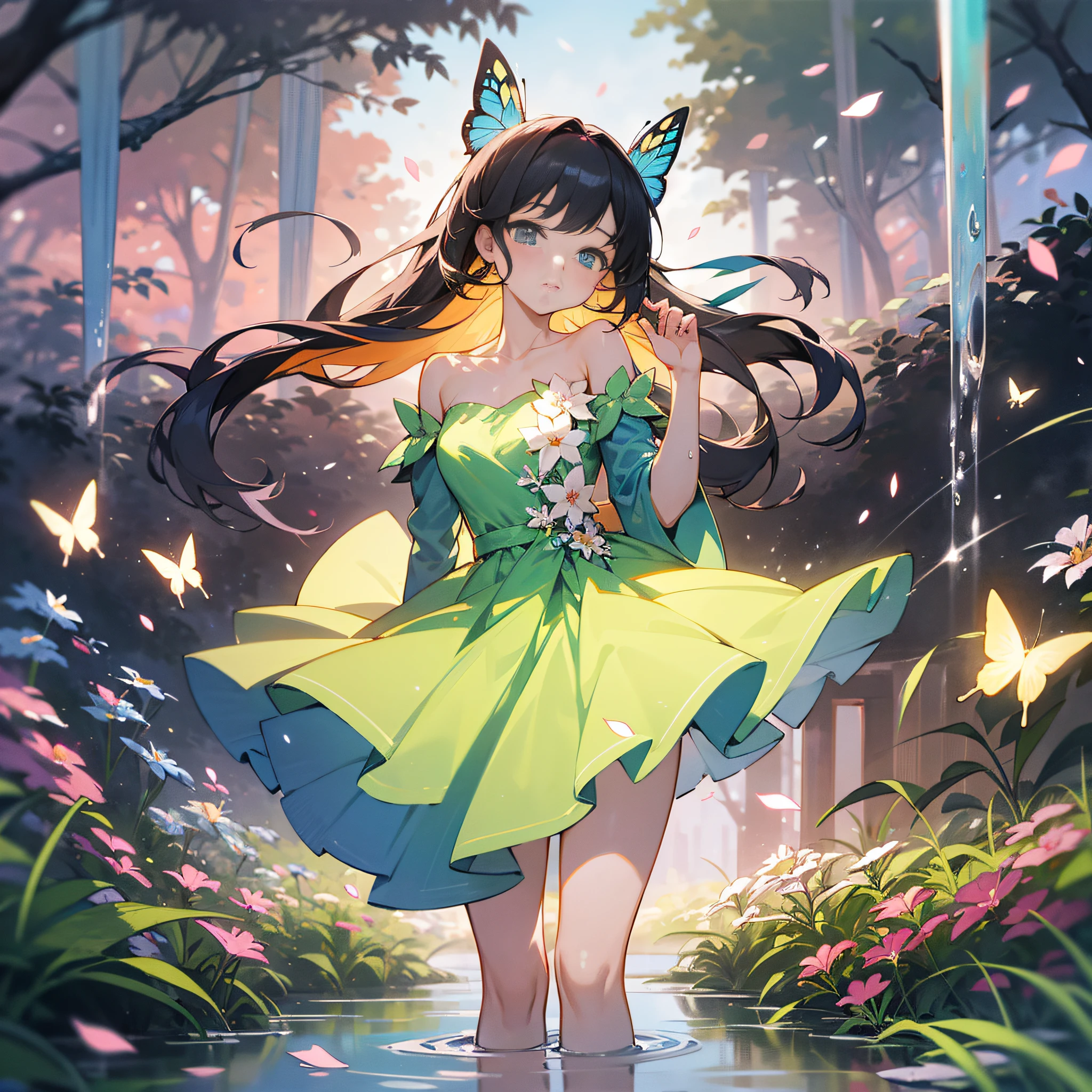 1girl, solo, full body, (masterpiece:1.21), (best quality:1.2), colorful, (illustration:1.2), (cinematic lighting:1.1), (bare shoulders:1.21), (collarbone:1.21) In this whimsical garden of fantasy, The scene is illuminated by a rainbow (colorful fireflies) dancing in the air. Soft (drizzle) adorns the garden, creating a hazy and ethereal atmosphere. In the center of the picture, there stands a single girl, an extremely delicate girl, with cute facial features and an innocent expression. Her long hair fluttered in the wind. She wears an ultra-low-cut strapless dress that accentuates her curves. The lighting is very delicate and beautiful, creating a soft and warm glow that highlights the surface of the water and makes it sparkle like a diamond. The best grass is also illuminated, creating a lush carpet. The garden is surrounded by colorful fields of flowers of all colors and shapes. You can see (colored butterflies) of various colors and sizes flying in the scene, adding to the overall sense of wonder and magic. (Officers), a flush can be seen on the bridge of the nose, and the mouth is slightly open, which adds to the overall sense of innocence and youth. Falling petals can be seen floating around her, adding to the overall romance and beauty. The gentle breeze, rustling leaves and swaying flowers add to the overall dynamism and vitality. It is a scene of pure wonder and magic, full of color and beauty, and viewers can lose themselves in this fascinating and fascinating world.