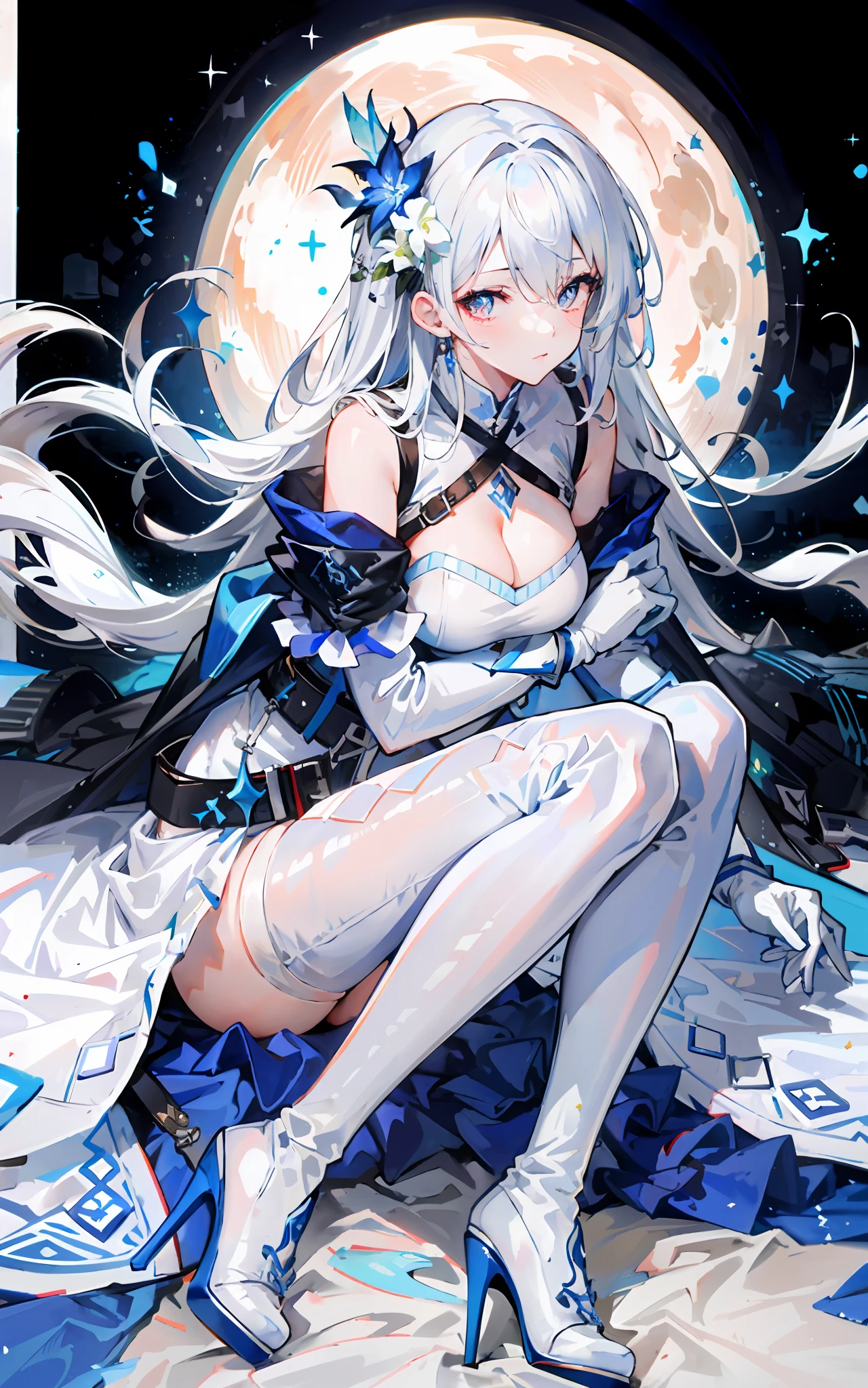 Blue pupil,White long hair,Red pupils,White suspender thigh boots,white long gloves,White elbow long gloves,White high-heeled thigh boots,White thigh boots,White belt,White leg rings,white dresses,Blue sole,sit on a bed,White corset,your legs,Blue belt,ornate clothes,anime girl with white hair and blue dress sitting on a bed, from arknights, white haired god, Best anime 4k konachan wallpaper, trending on artstation pixiv, Guweiz in Pixiv ArtStation, Best Rated on pixiv, Digital art on Pixiv, from girls frontline, Guweiz on ArtStation Pixiv, anime goddess