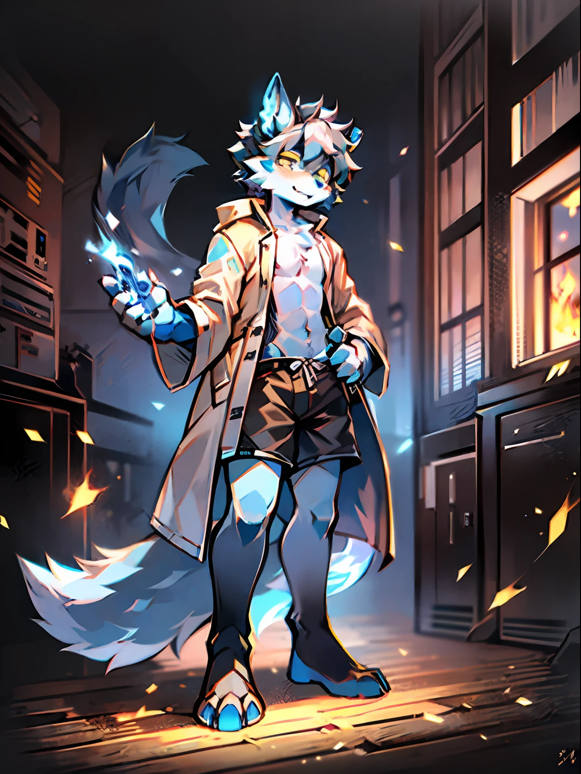 eyes with brightness, the panorama, Character focus ,Full body like,Side Body,独奏,solo person, shaggy, Correct human anatomy。Furry male wolf(Dragon and wolf combined), Male blue-white skin, One blue and one yellow eye,A pair of dragon wings, Gray hair(The long),There is a pair on the forehead(small nipple)Blue horn fluorescence,In an abandoned laboratory,Take control of the magic,Flames floating around,Control the ice,Gray shorts,trench coats,Young style,Height one meter seven,Handsome, There is a wolf tail,high-definition,8K,1440*2048
