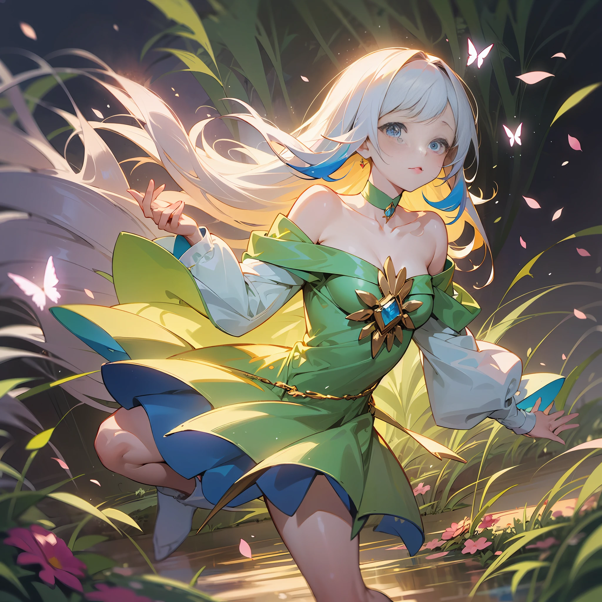 1girl, solo, full body, (masterpiece:1.21), (best quality:1.2), colorful, (illustration:1.2), (cinematic lighting:1.1), (bare shoulders:1.21), (collarbone:1.21) In this whimsical garden of fantasy, The scene is illuminated by a rainbow (colorful fireflies) dancing in the air. Soft (drizzle) adorns the garden, creating a hazy and ethereal atmosphere. In the center of the picture, there stands a single girl, an extremely delicate girl, with cute facial features and an innocent expression. Her long hair fluttered in the wind. She wears an ultra-low-cut strapless dress that accentuates her curves. The lighting is very delicate and beautiful, creating a soft and warm glow that highlights the surface of the water and makes it sparkle like a diamond. The best grass is also illuminated, creating a lush carpet. The garden is surrounded by colorful fields of flowers of all colors and shapes. You can see (colored butterflies) of various colors and sizes flying in the scene, adding to the overall sense of wonder and magic. (Officers), a flush can be seen on the bridge of the nose, and the mouth is slightly open, which adds to the overall sense of innocence and youth. Falling petals can be seen floating around her, adding to the overall romance and beauty. The gentle breeze, rustling leaves and swaying flowers add to the overall dynamism and vitality. It is a scene of pure wonder and magic, full of color and beauty, and viewers can lose themselves in this fascinating and fascinating world.