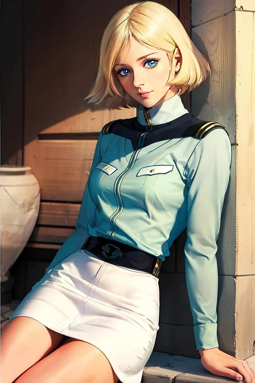 1girl, sayla mass, elegant, masterpiece, intricate, realistic, best quality, absurdres, high face detail, perfect eyes, 18 years old, cowboy shot, illustration, vibrant colors, white uniform, skirt