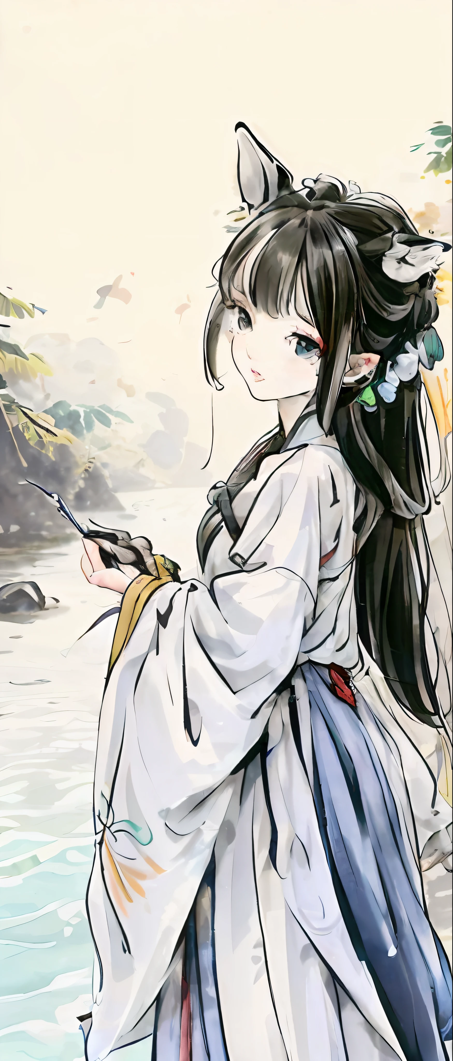 ((4k,masterpiece,best quality)), shuimobysim, Chinese painting, lotus, hanfu, maxiskit, dressed conservative 1 girl, solo, white hair, long hair, fox ears, white, bikini, fish, many fish close to the girl, looking at the audience, teasing