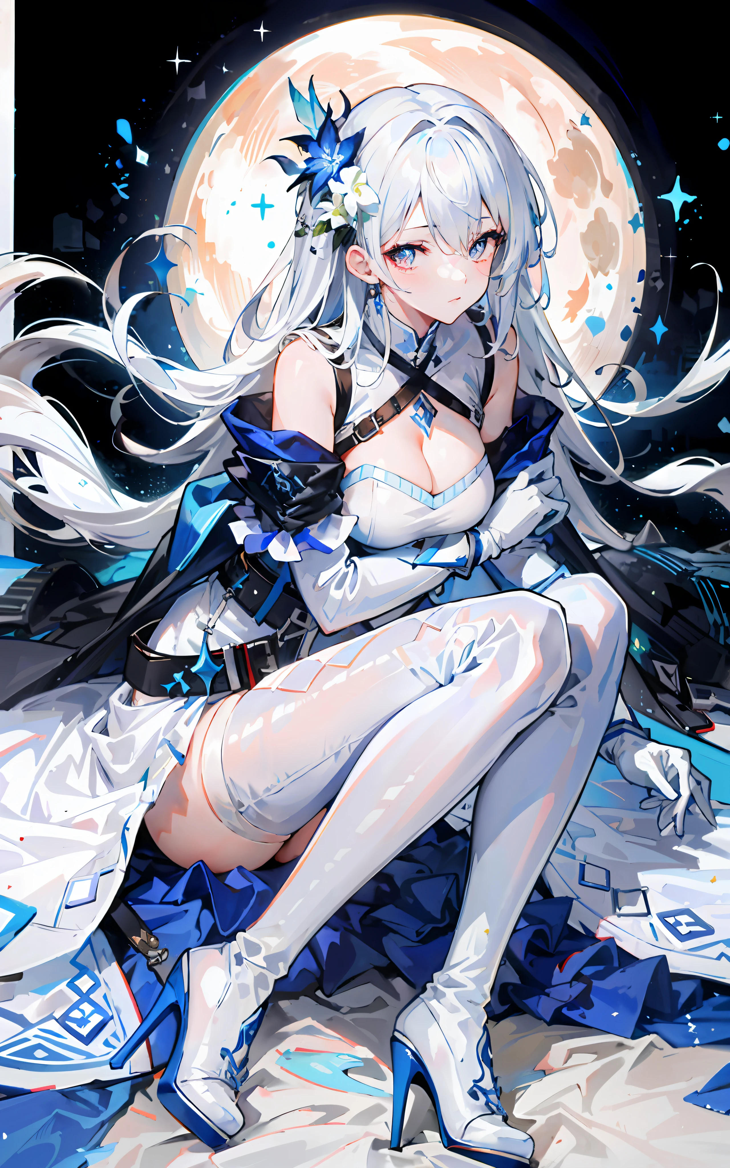 Blue pupil，White long hair，Red pupils，White suspender thigh boots，white long gloves，White elbow long gloves，White high-heeled thigh boots，White thigh boots，White belt，White leg rings，white dresses，Blue sole，sit on a bed，White corset，your legs，Blue belt，ornate clothes，anime girl with white hair and blue dress sitting on a bed, from arknights, white haired god, Best anime 4k konachan wallpaper, trending on artstation pixiv, Guweiz in Pixiv ArtStation, Best Rated on pixiv, Digital art on Pixiv, from girls frontline, Guweiz on ArtStation Pixiv, anime goddess