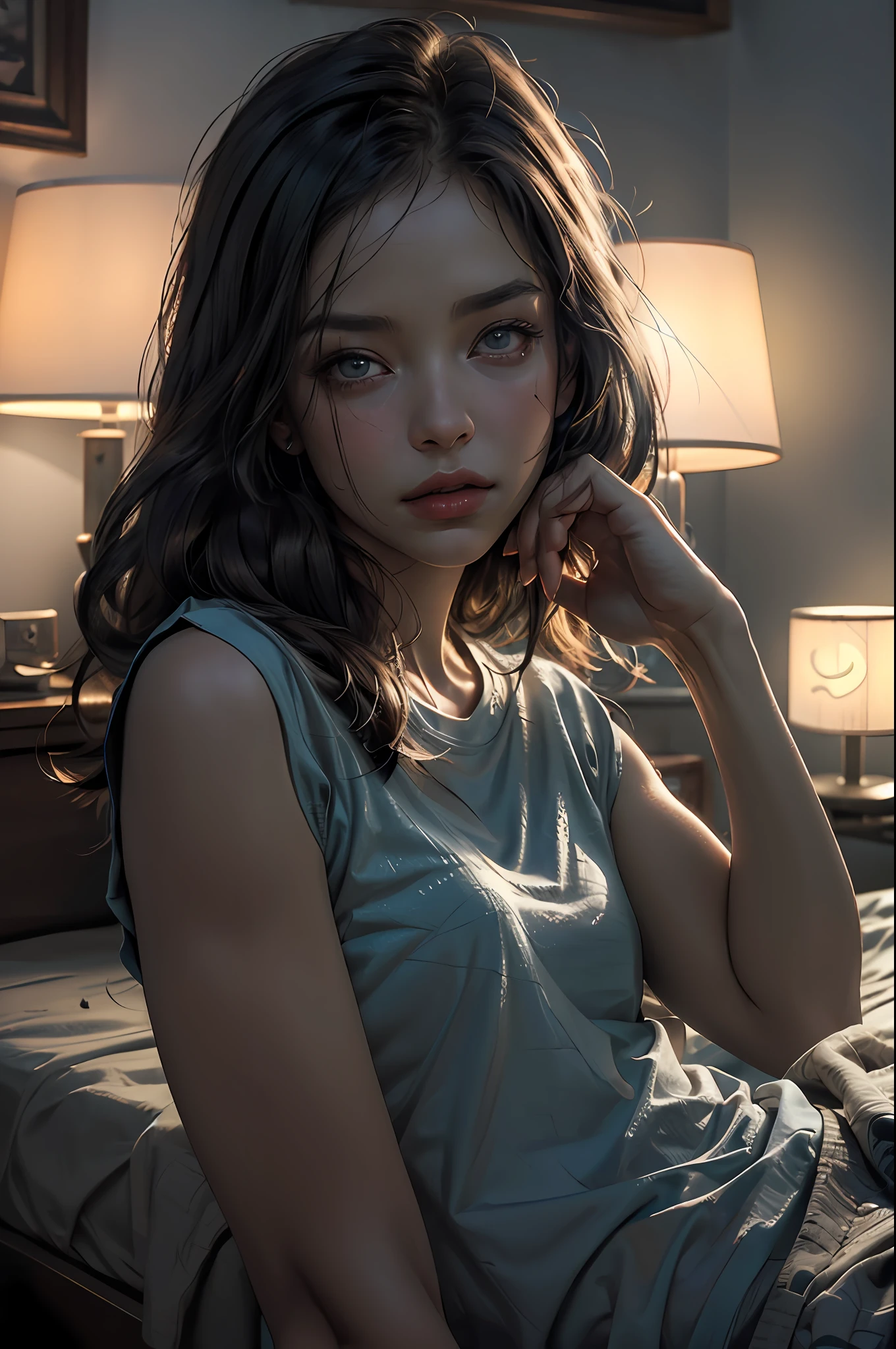 dressed, (photorealistic: 1.4), (hyperrealistic: 1.4), (realistic: 1.3), (smooth lighting: 1.05), (improved cinematic lighting quality: 0.9), 32K, 1 girl, bed, 20 year old girl on cable, realistic lighting, backlight, face light, ray tracking, (bright light: 1.2), ( Quality improvement: 1.4), (Top quality realistic texture skin: 1.4), fine detailed eyes, detailed face, fine quality eyes, (tired and sleepy and satisfied: 0.0), T-shirt, (enhance body line atmosphere: 1.1), (enhance skin texture beauty: 1.1), whole body