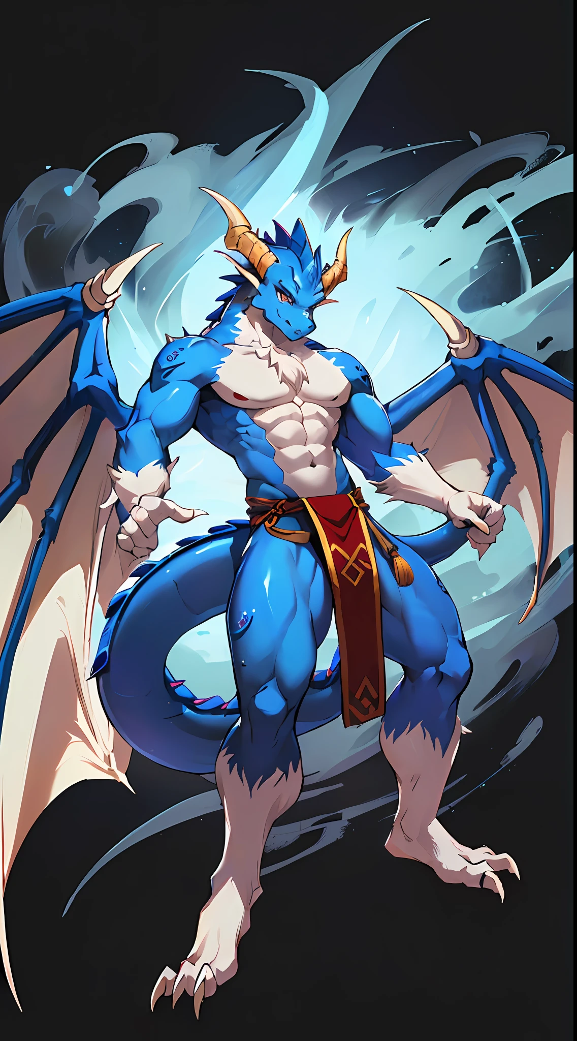 1male furry,((Blue dragon,)),White fur,Male, komono, Thin body type,I didn't wear anything on my upper body，chest muscle，The lower body is only wearing a loincloth，Dynamic pose，Dragon wings，Thick dragon tail，Full body photo