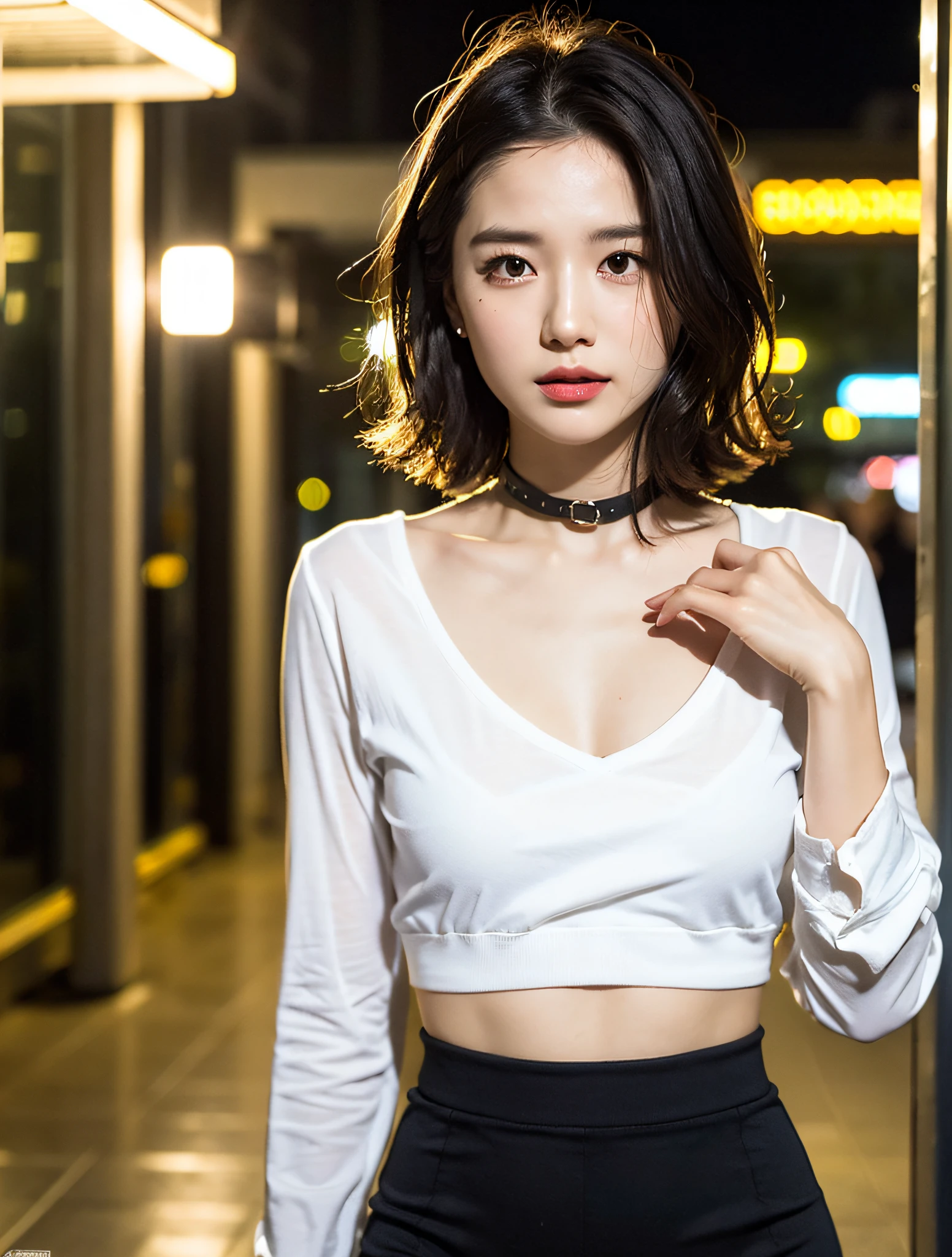 Random Posture, mix4, (8k, RAW photo, highest quality, masterpiece: 1.2), (realistic, photorealistic: 1.37), one girl, cute, cityscape, night, rain, wet, professional lighting, photon mapping, radiosity, physical based rendering,, gradient black hair,, gray hair, short curly, handsome, girl, white tight shirt with collar, mini skirt, top quality photo, high resolution, 1080p, (clear face), (detailed face description), (detailed hand description), (masterpiece), (elaborate CG), extreme light and shadow, short unbalanced bob, master work, rich details, (fine facial features), (top quality photo), (masterpiece), (detailed eyes), look ahead of you eyes, fine collarbone, small face, petite and delicate body shape