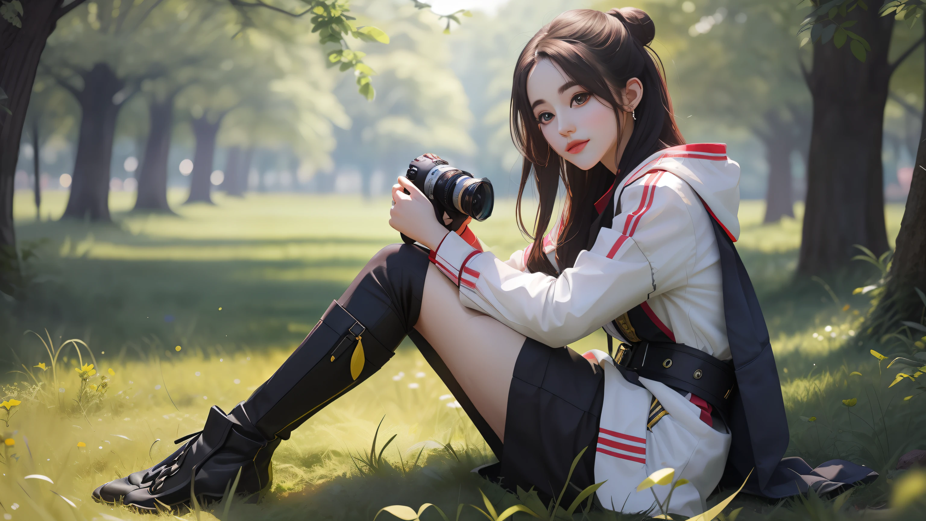 arafed woman sitting in a field holding a camera, a picture by Ni Tian, tumblr, digital art, beautiful girl model, dilraba dilmurat, beautiful model girl, young and cute girl, a cute young woman, very pretty model, shooting pose, instagram model, lovingly looking at camera, photo of slim girl model, ruan cute vtuber