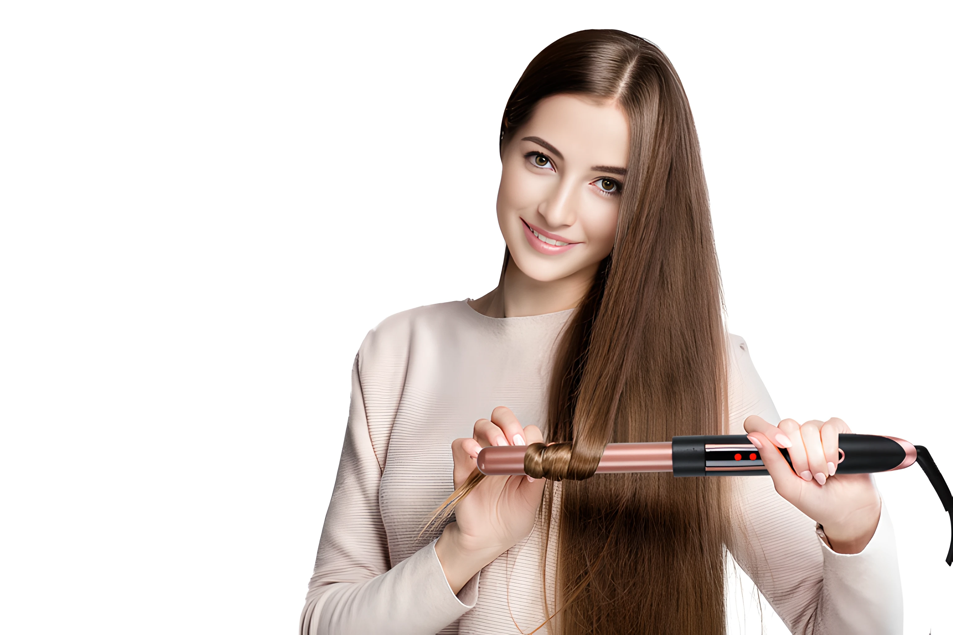 Araved woman holding a hair dryer,Smile while holding a hair dryer, straight stiff dry damaged hair, Smooth hair, holding brush, flat ironed hair, thin lustrous hair, perfect silky straight hair, half length, Hair blowing, curled slightly at the ends, girl with super long hair, wavy hair combed to one side, With long hair, stranding straight