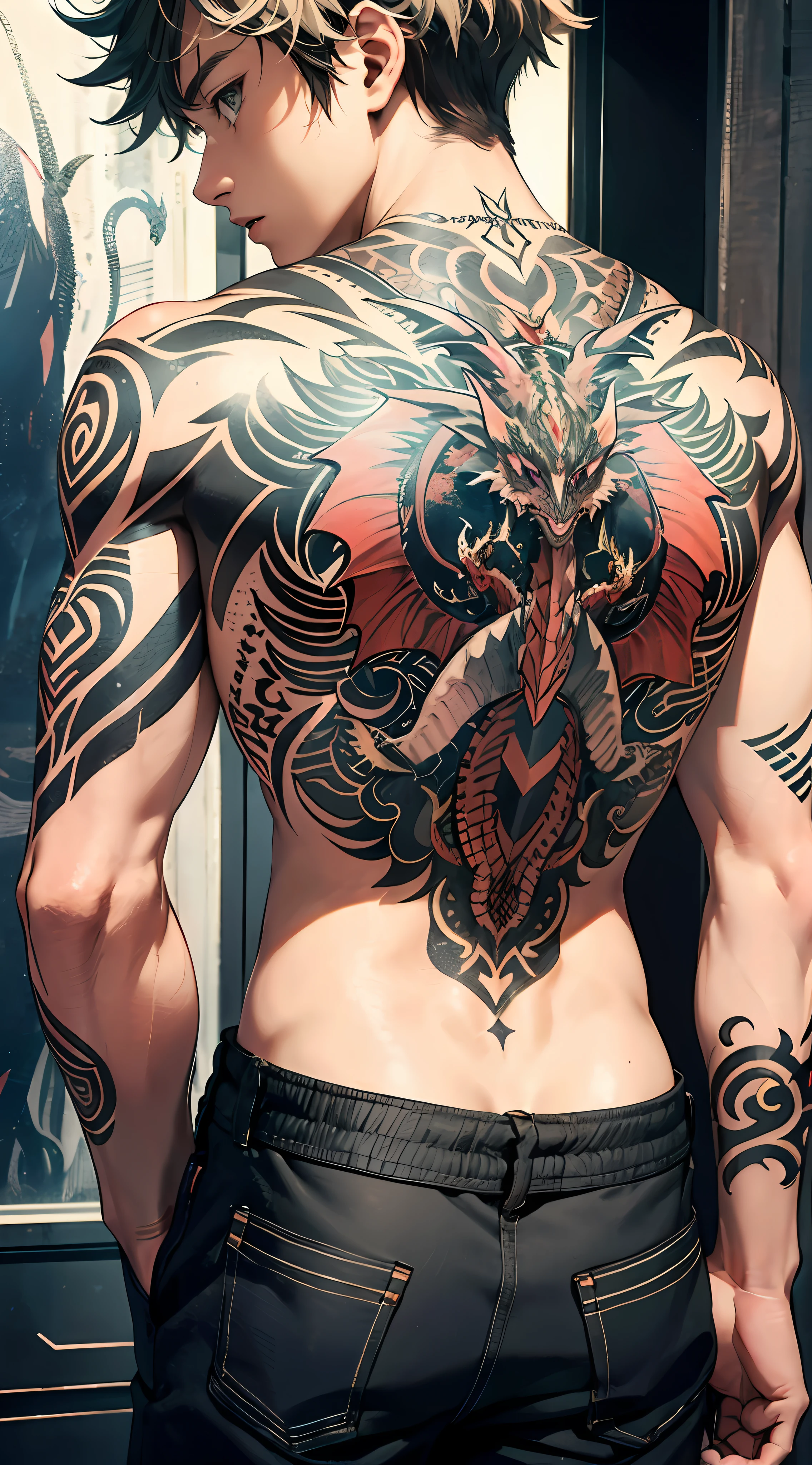 Master masterpiece、the best quality、8K、 male、katsuki bakugou、black trousers、Upper body naked、(Tattoos on the shoulder and back:1.2)、Dragon on background
