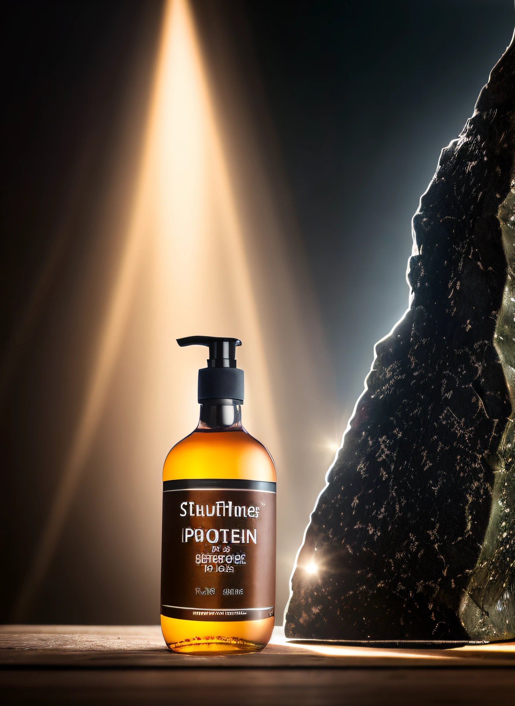 a bottle of protein sitting next to a rock on a table, professional product shot, products shot, textured base ; product image, professional product photo, dark-toned product photos, Product photography, product design shot, professional product photography, dramatic product photography, dramatic product shot, high qualityProduct photography, studio product photography, studio product shot, product photograph, modern times
