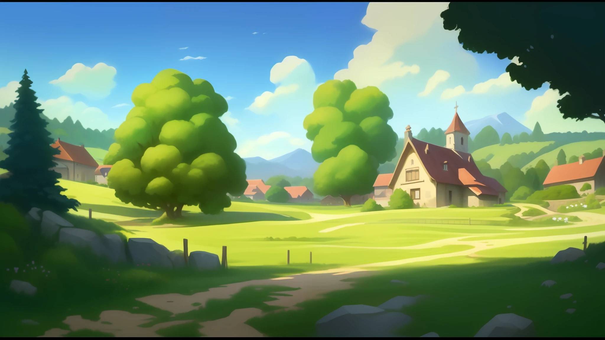 cartoon landscape of a small village with a church and a path, arte de fundo, anime countryside landscape, background artwork, distant village background, Anime background art, Stylized concept art, 2 d game environment design, anime landscape, countryside, countryside city scene, Anime landscape concept art, Stylized game art, enviromentart, town background, painted in anime painter studio