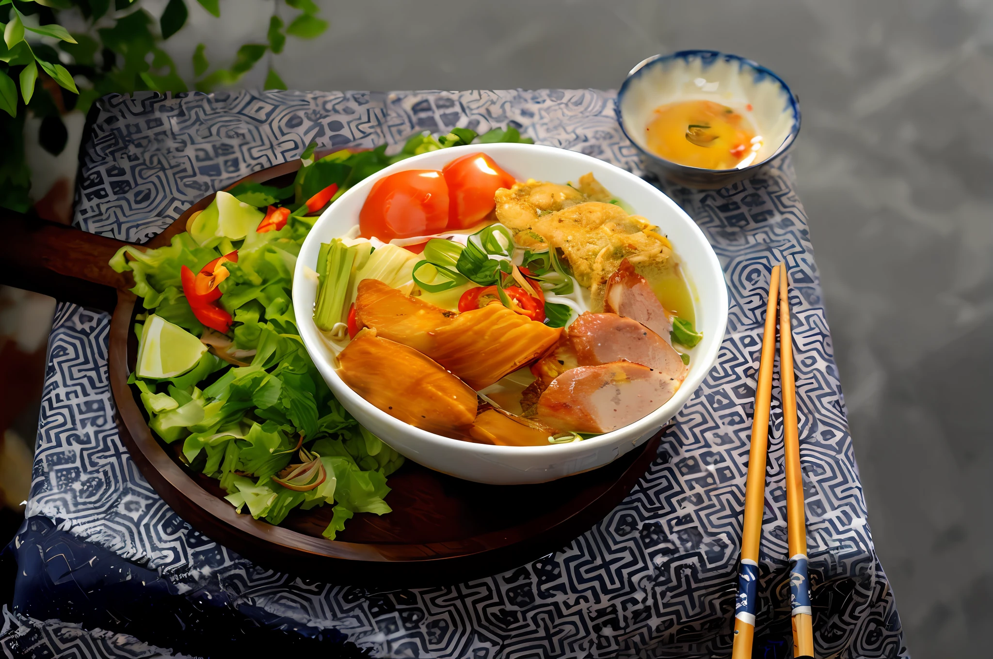 there is a bowl of food on a table with chopsticks, yummy, inspired by Tan Ting-pho, in style of lam manh, healthy, detailed image, photo taken with nikon d750, photo taken with nikon d 7 5 0, realistic photo of delicious pho, quy ho, high quality food photography, hoang lap, aokamei