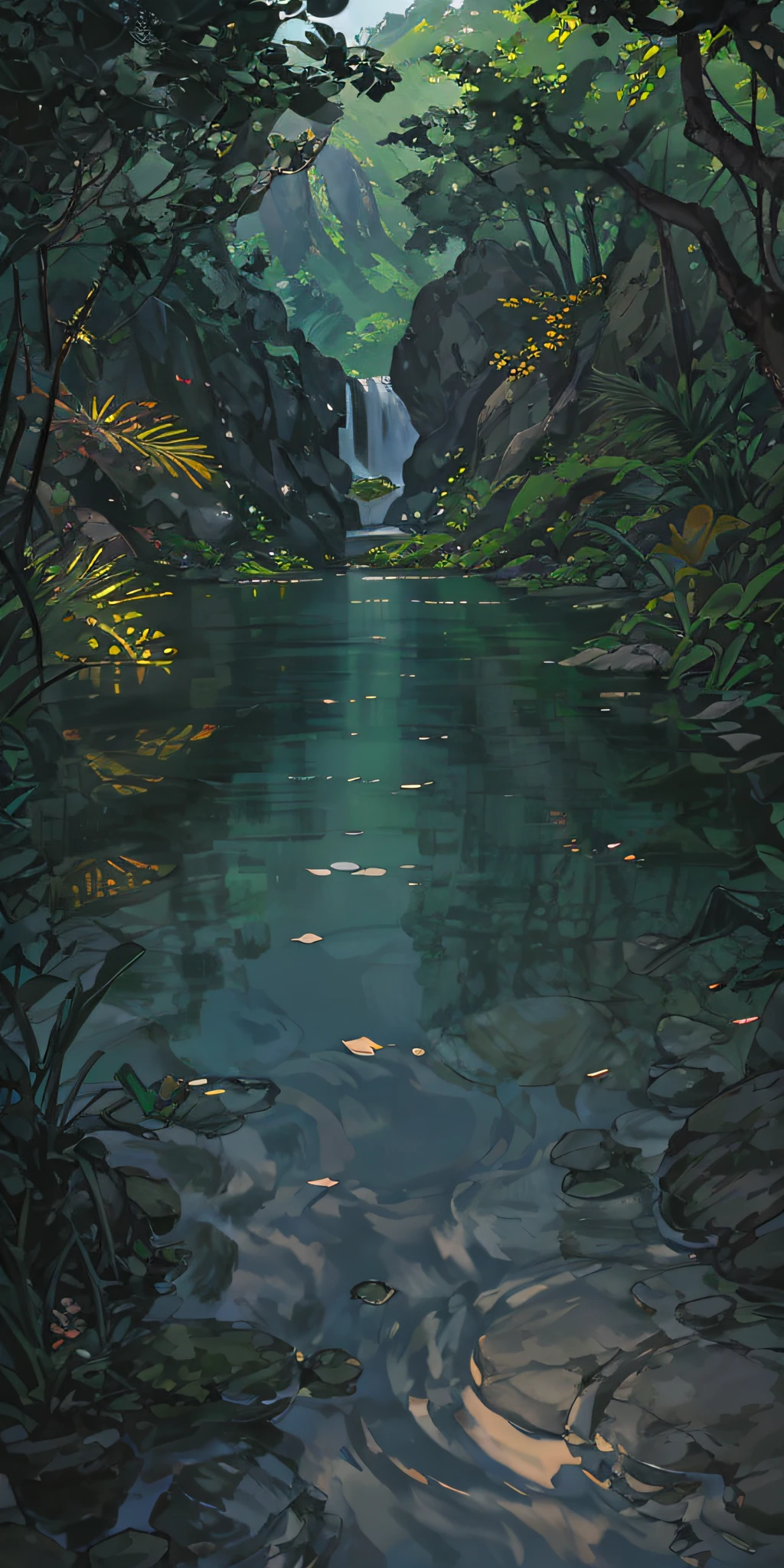Chinese ancient times, spring, jungle, lake, cave, waterfall, tree, meadow, rock, deer, hot spring, water vapor, (illustration: 1.0), epic composition, realistic lighting, HD details, masterpiece, best quality, (very detailed CG unified 8k wallpaper)